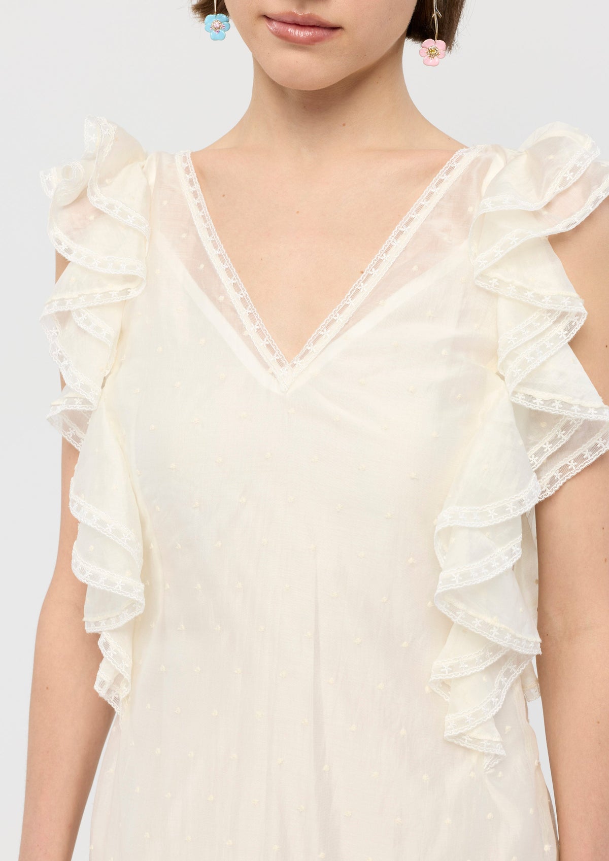 เดรสคลุมเข่าผ้าเชียร์ลูกไม้แขนเสื้อแต่งระบาย คอลเลกชัน Garden Poetry