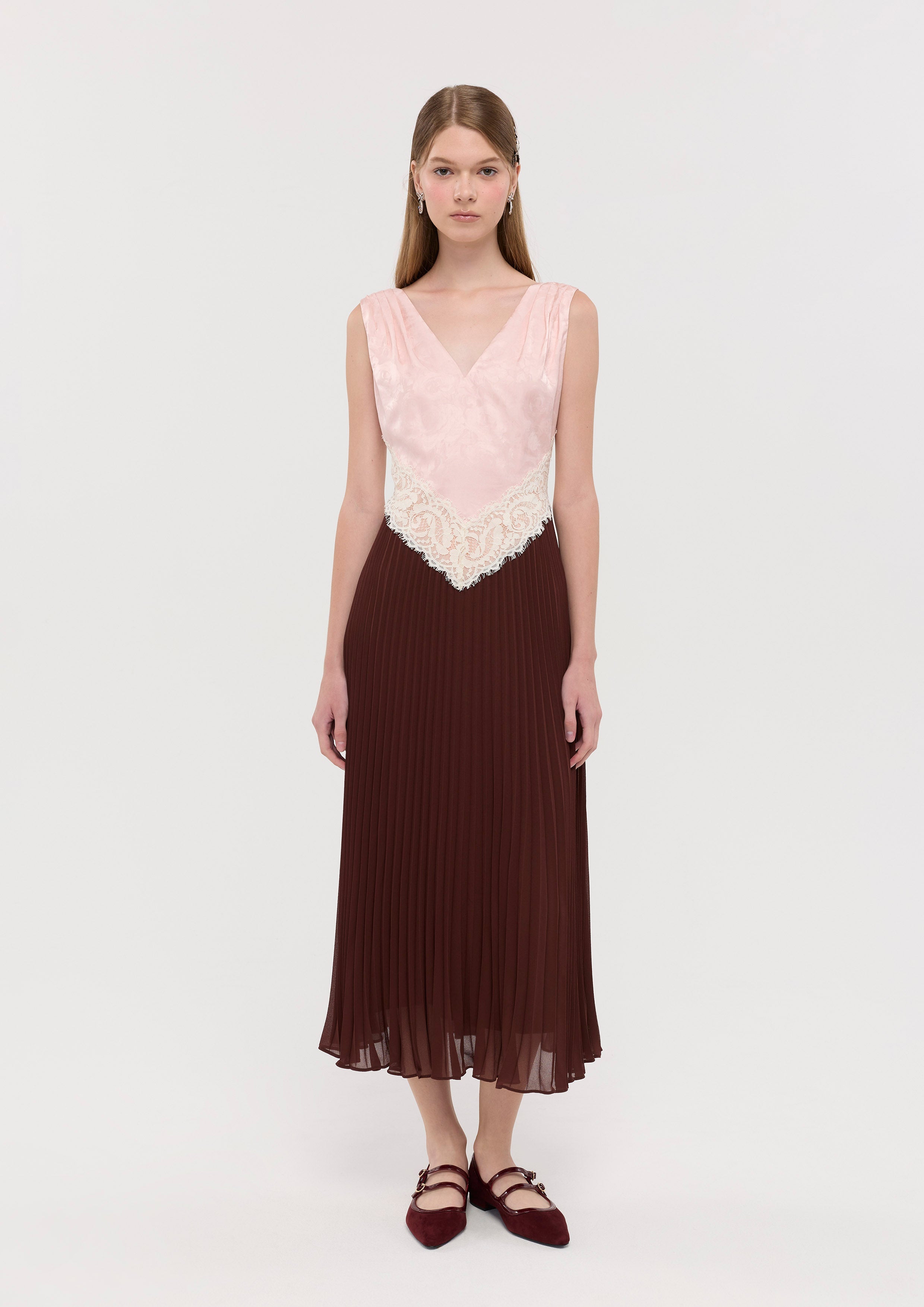 V Neck Pleated Skirt Midi Dress Nomad's Grace