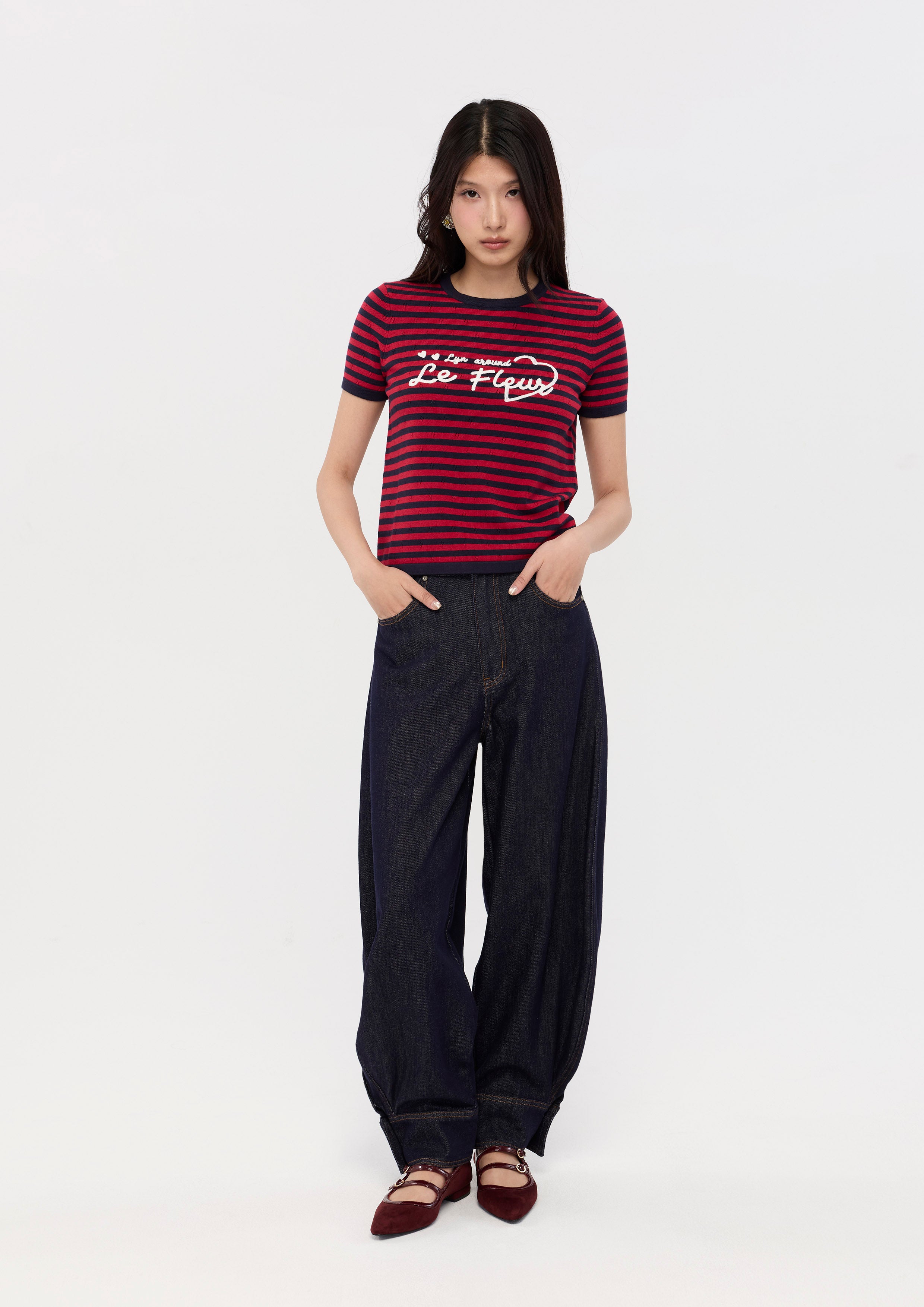Button Cuff Denim Wide Leg Trousers La Femme Demure