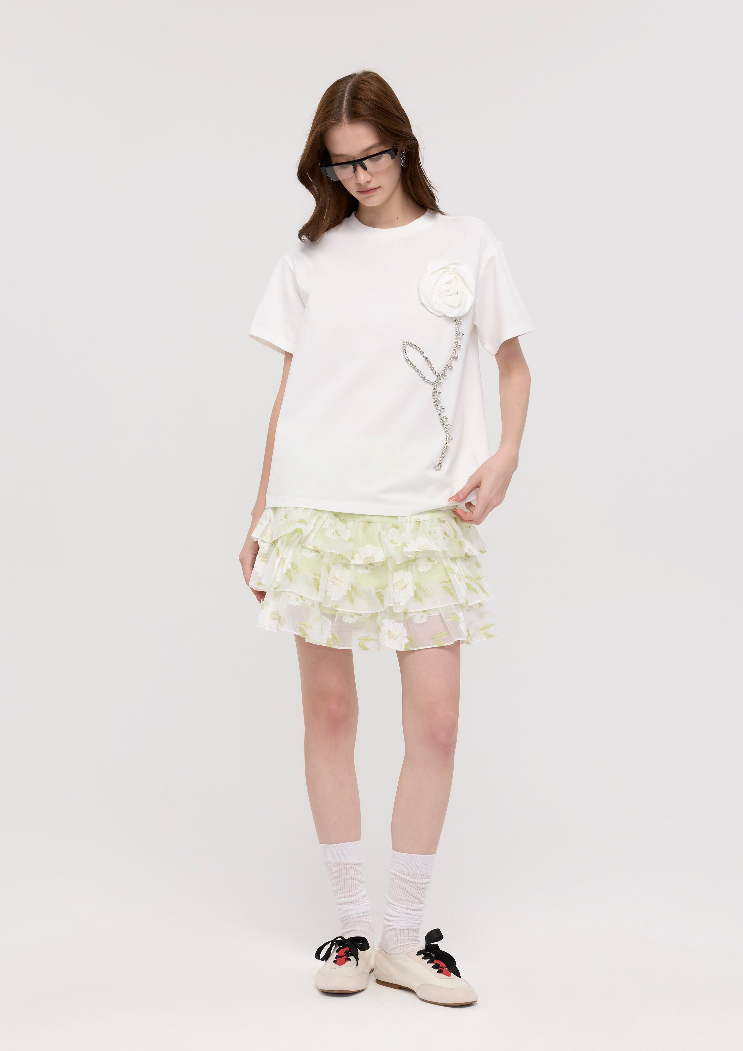 Rose Applique With Crystal Embellished T-Shirt Garden Poetry