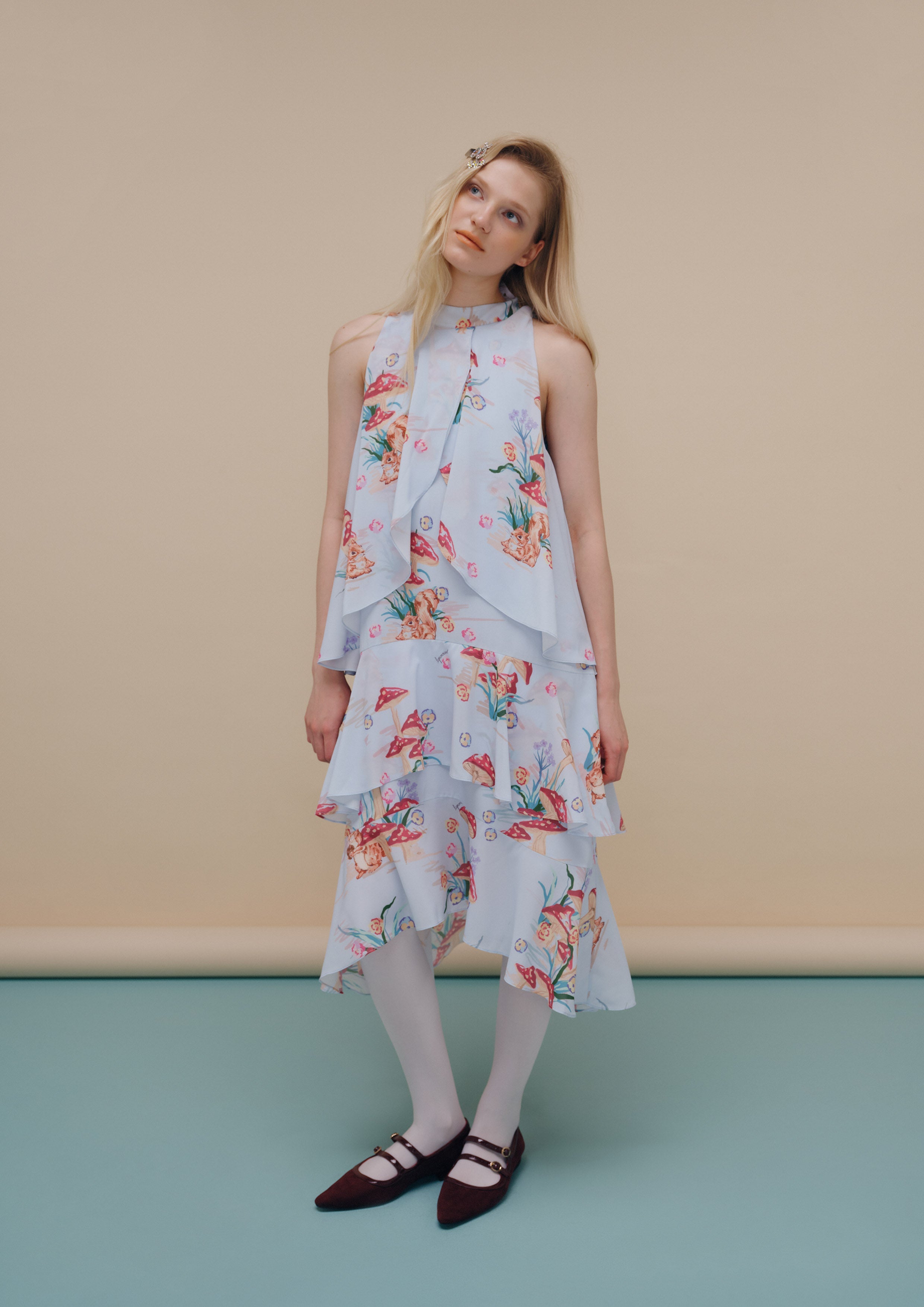 Print Ruffle Skirt Midi Dress Garden Poetry
