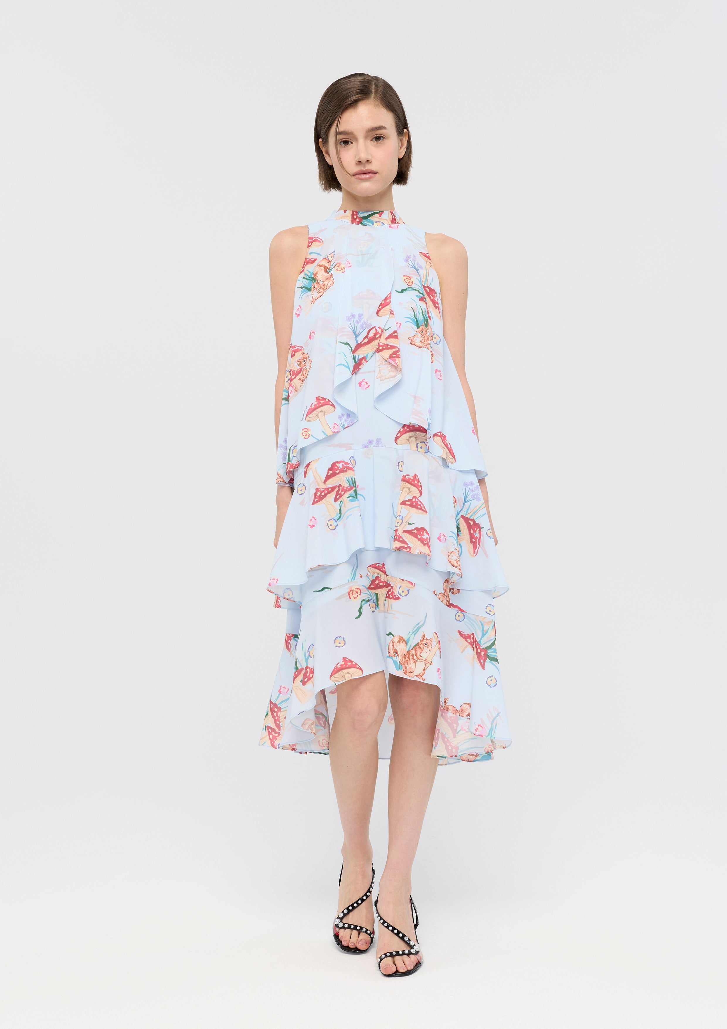 Print Ruffle Skirt Midi Dress Garden Poetry