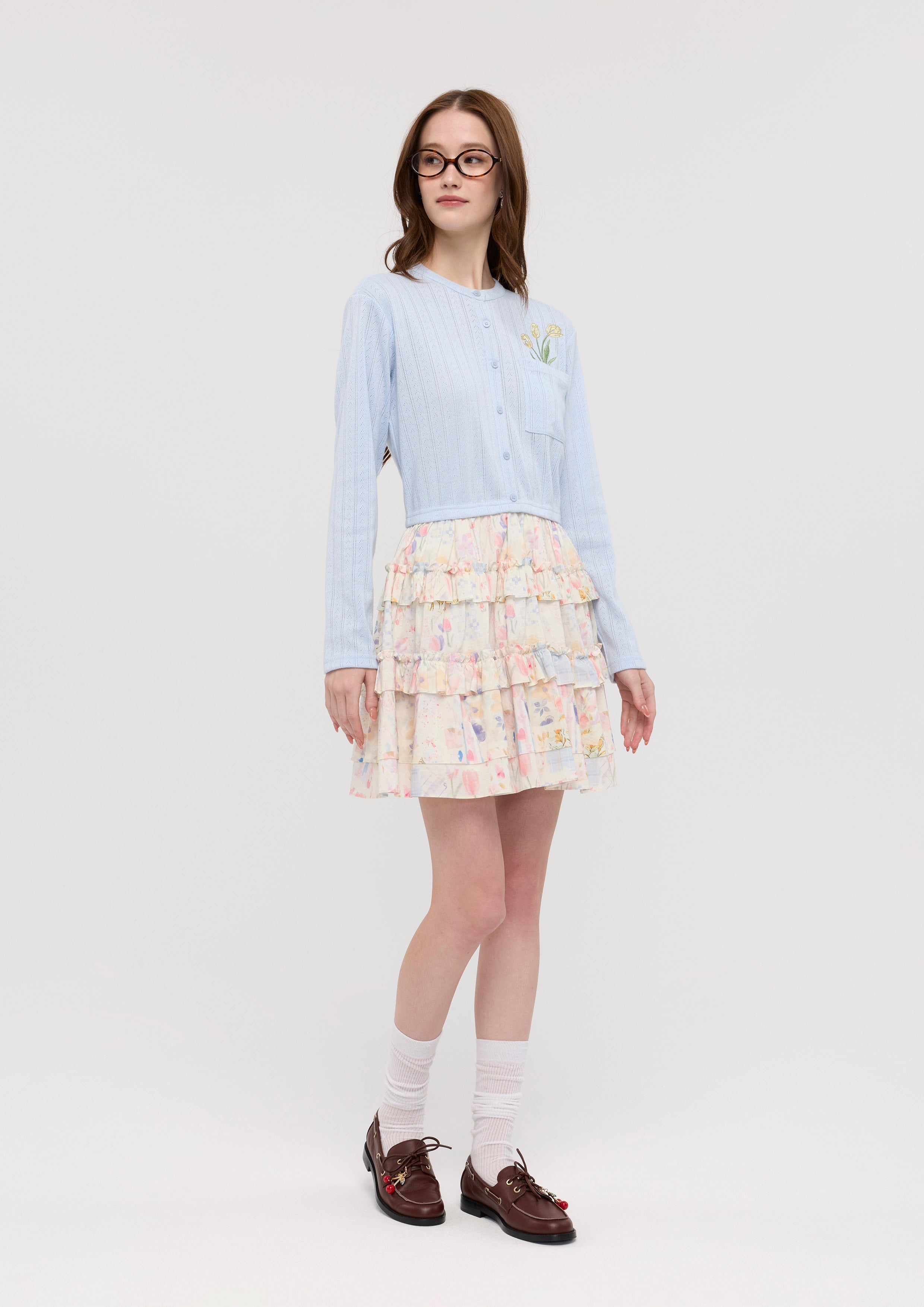 Knitted Floral Print Frill Mini Skirt Garden Poetry