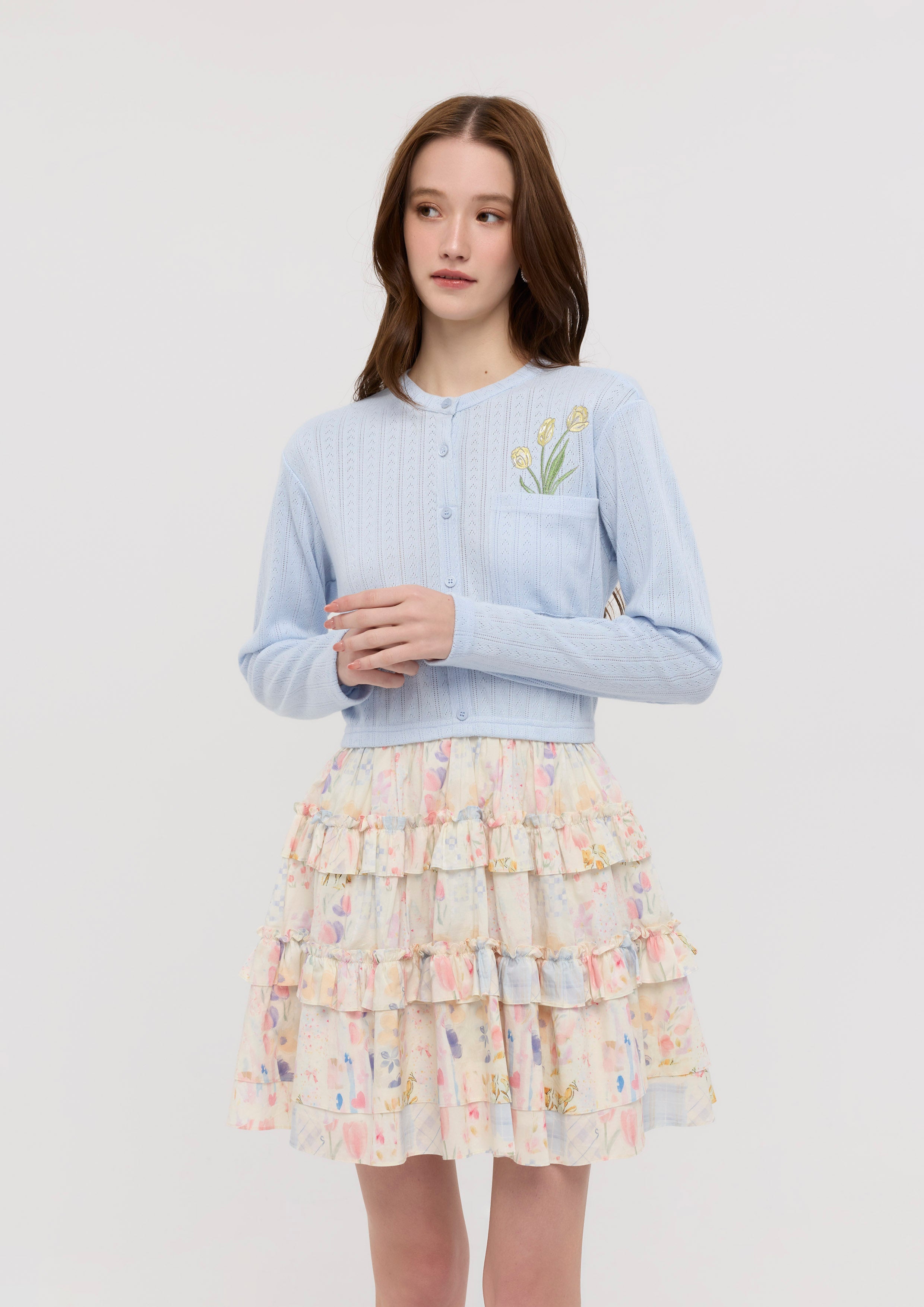 Knitted Floral Print Frill Mini Skirt Garden Poetry
