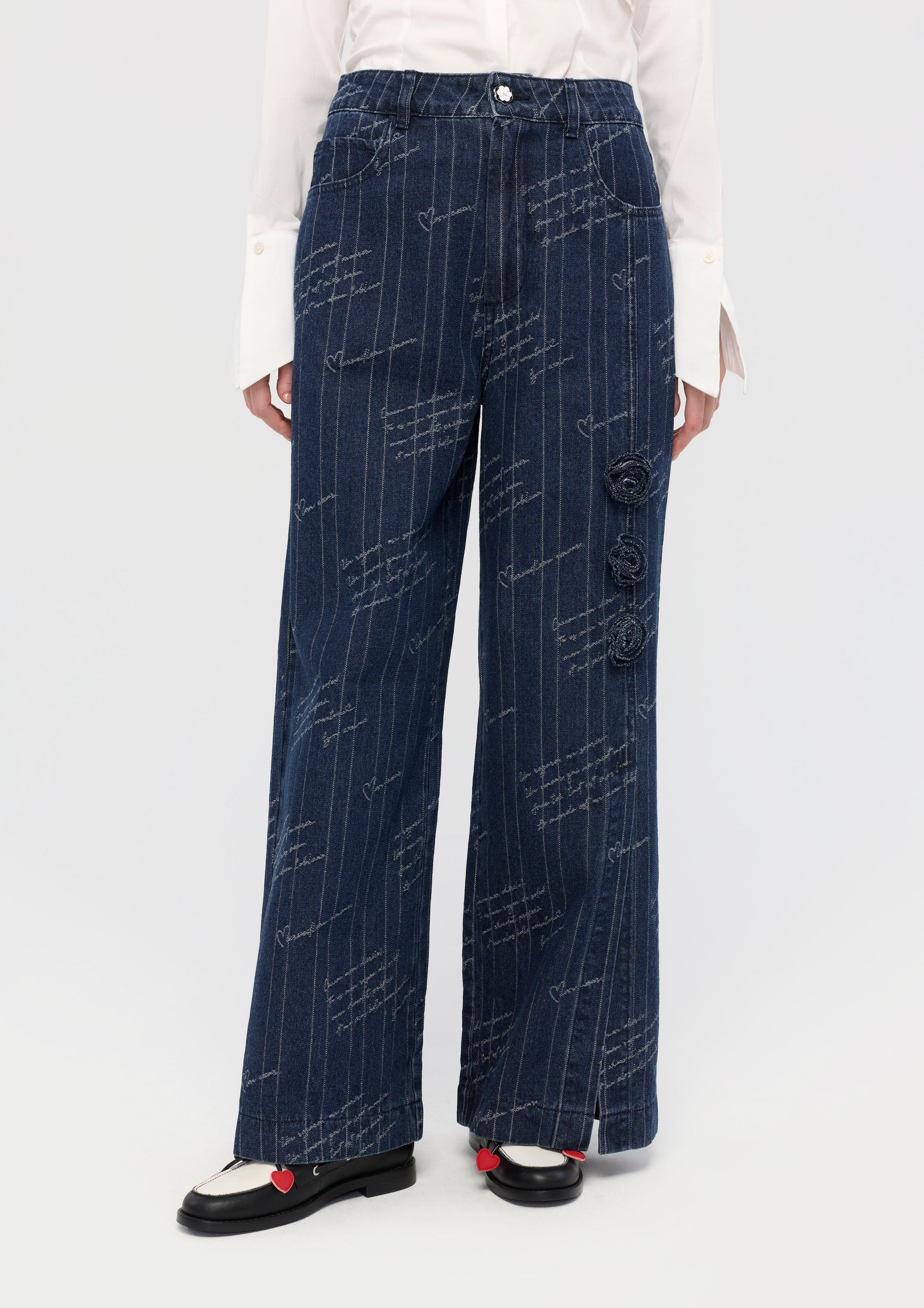 Embroidered with Rose Applique Denim Trousers Mon Petit Ruban