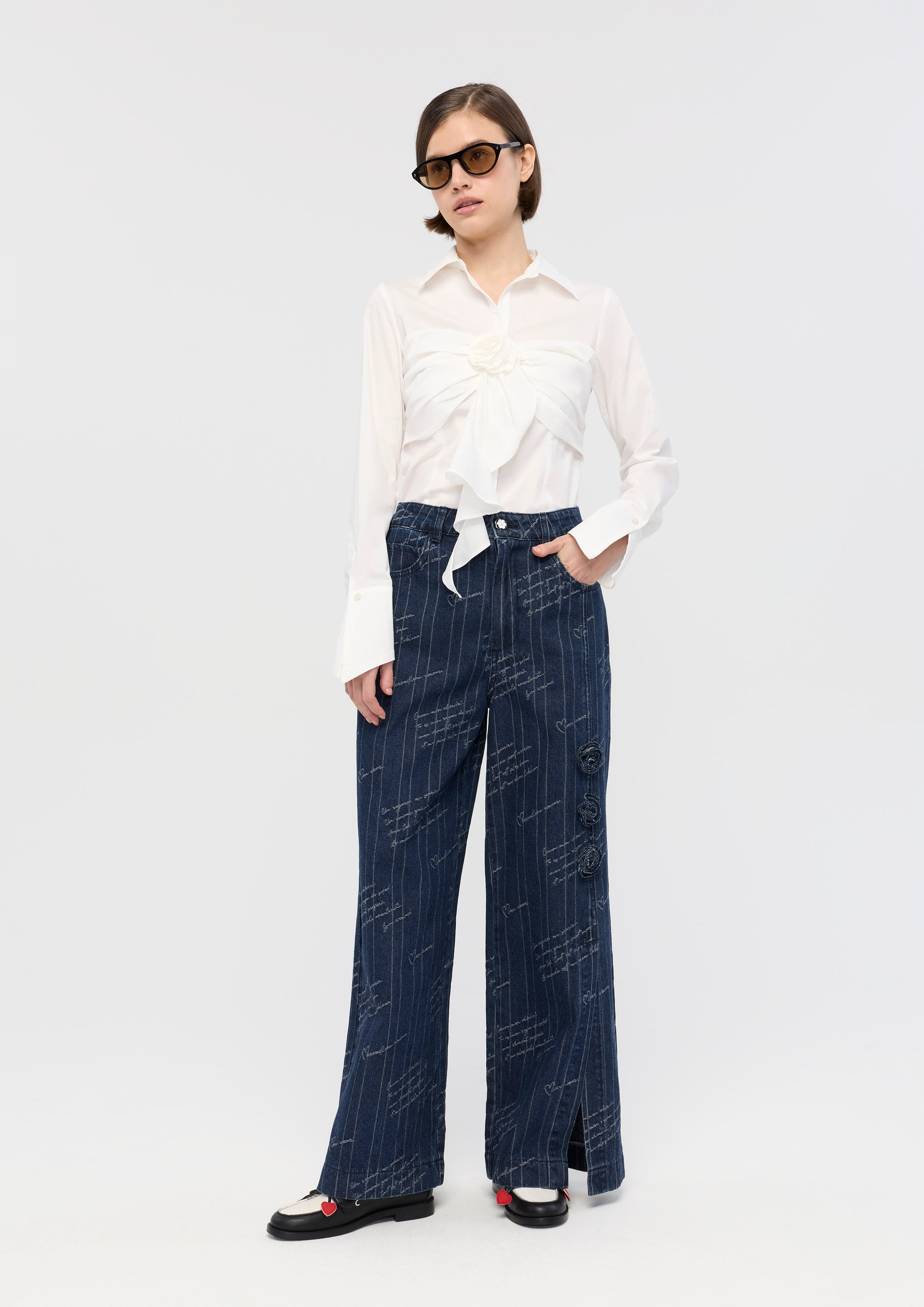 Embroidered with Rose Applique Denim Trousers Mon Petit Ruban