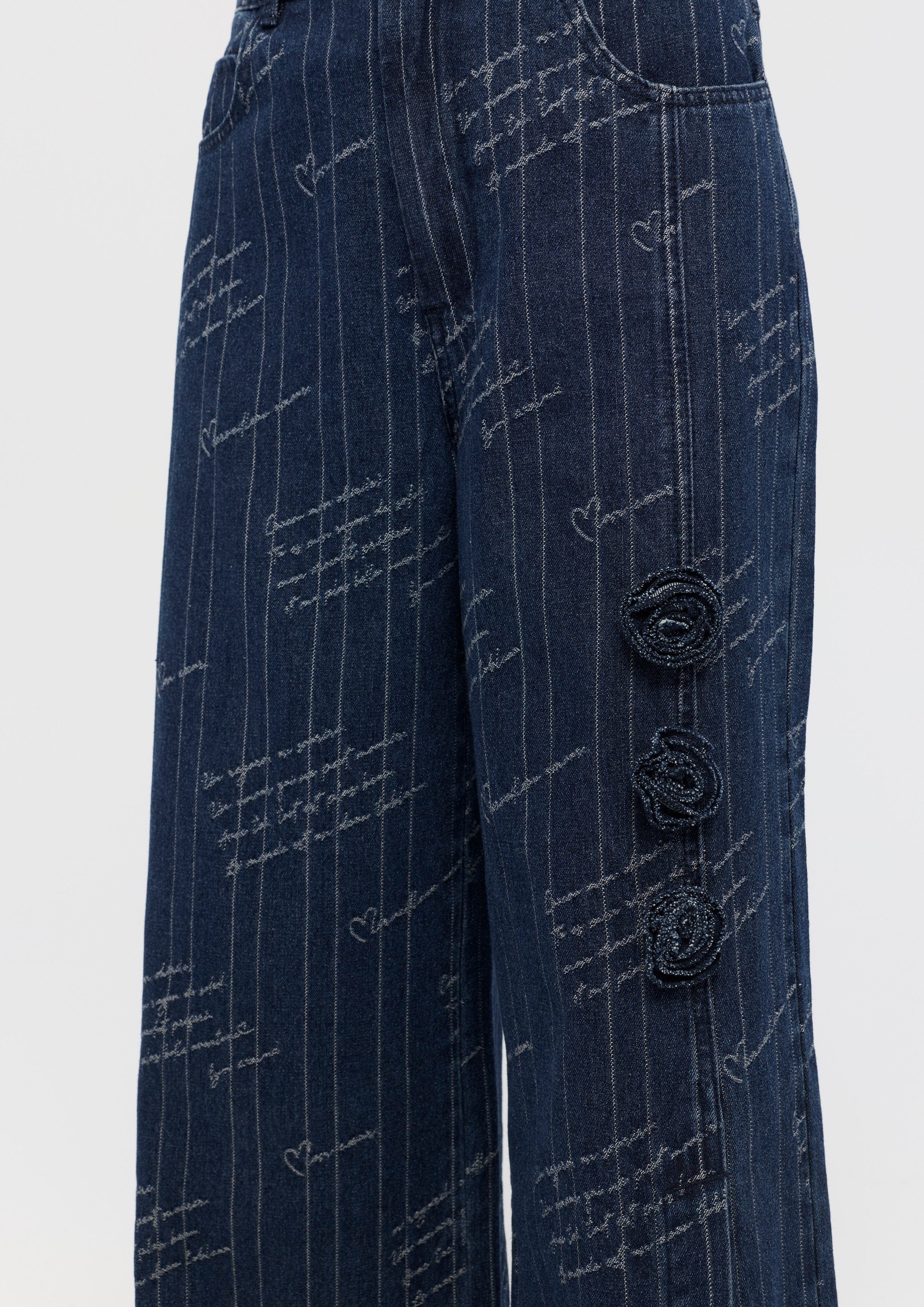 Embroidered with Rose Applique Denim Trousers Mon Petit Ruban