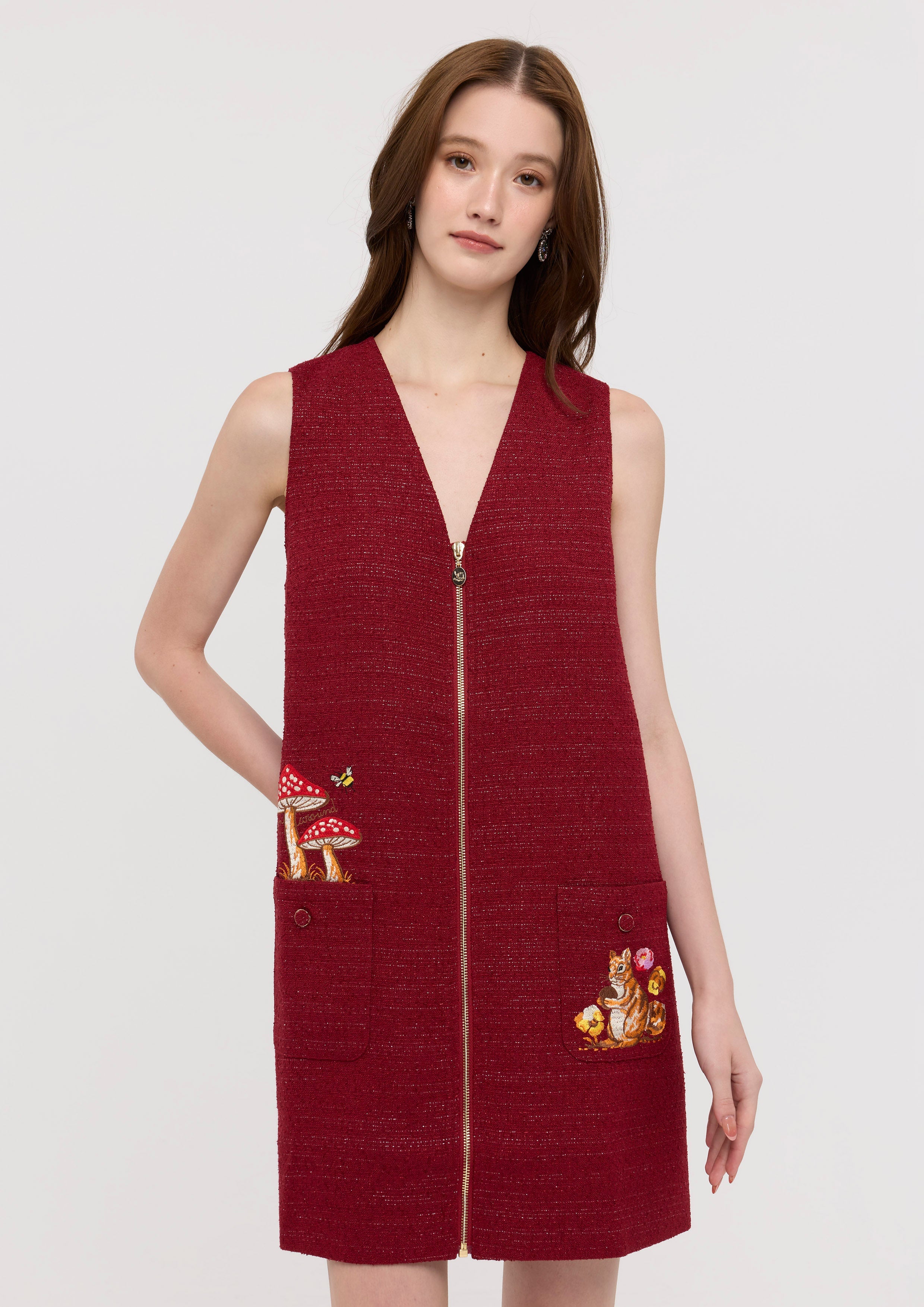 Tweed Front Zip Midi Dress Garden Poetry
