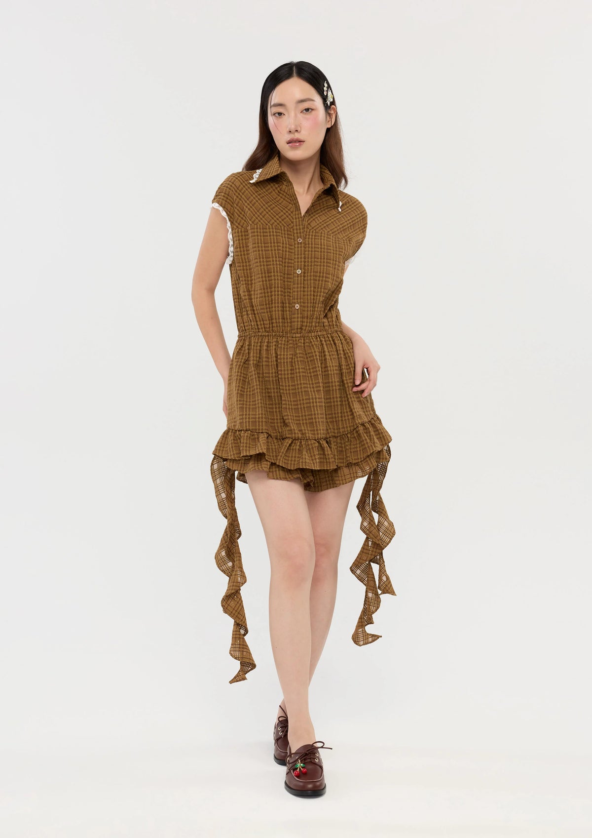 Gingham Romper With Drape Garden Poetry