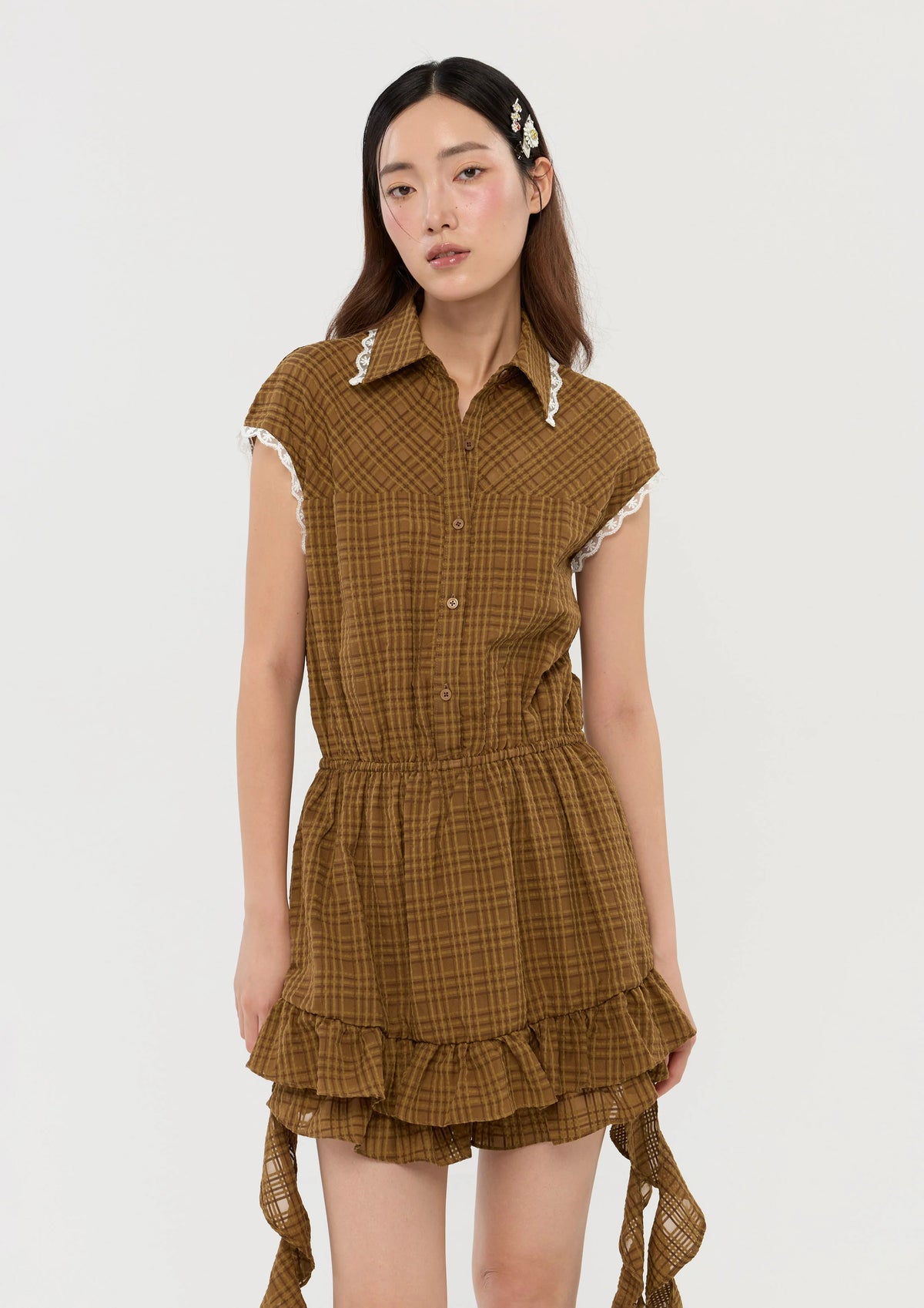 Gingham Romper With Drape Garden Poetry