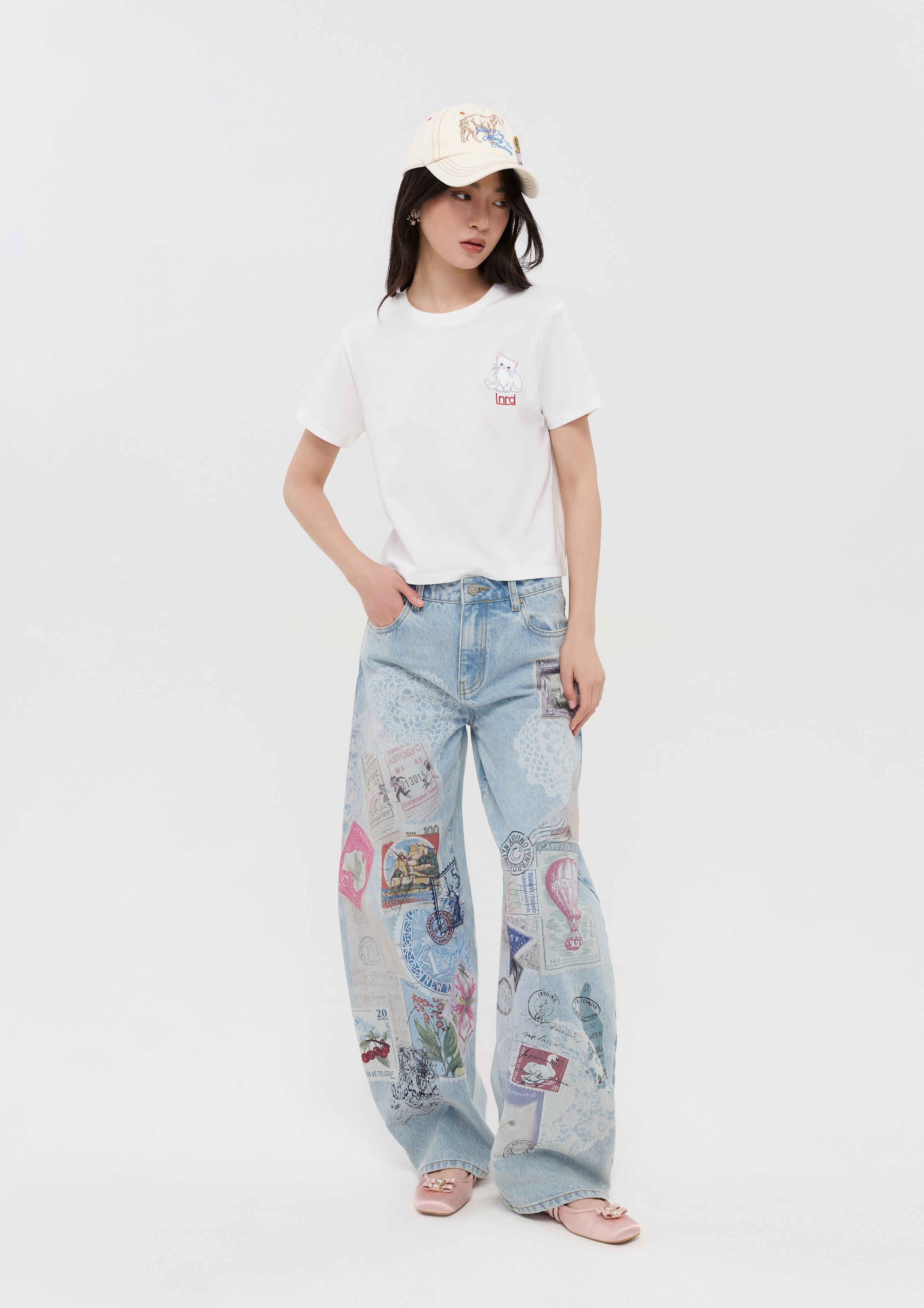 เสื้อยืดแขนสั้นปักลายลูกแมว คอลเลกชัน The Wandering Remix