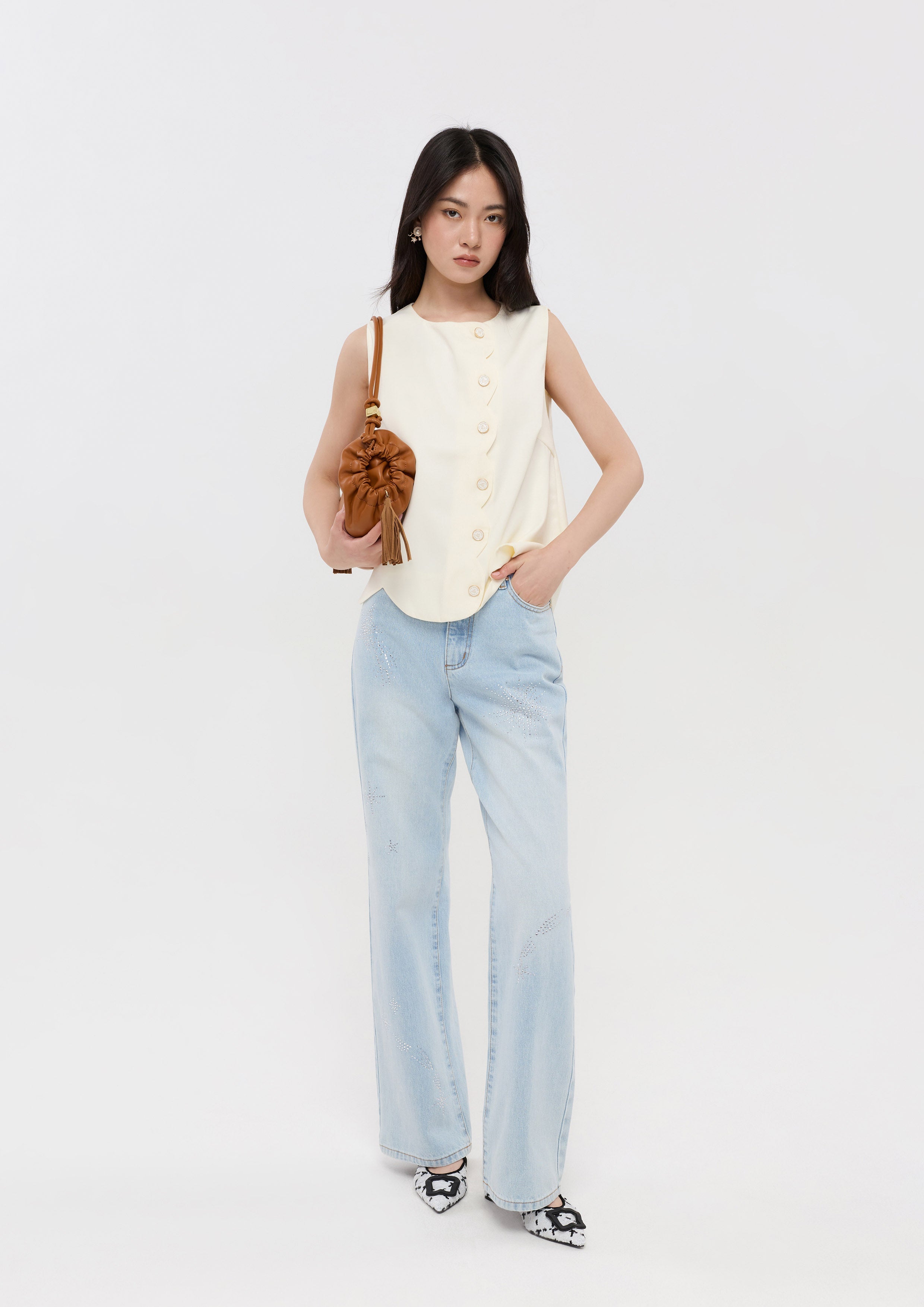 เสื้อแขนกุดติดกระดุมชายเสื้อขอบลอน คอลเลกชัน Lune d'Air