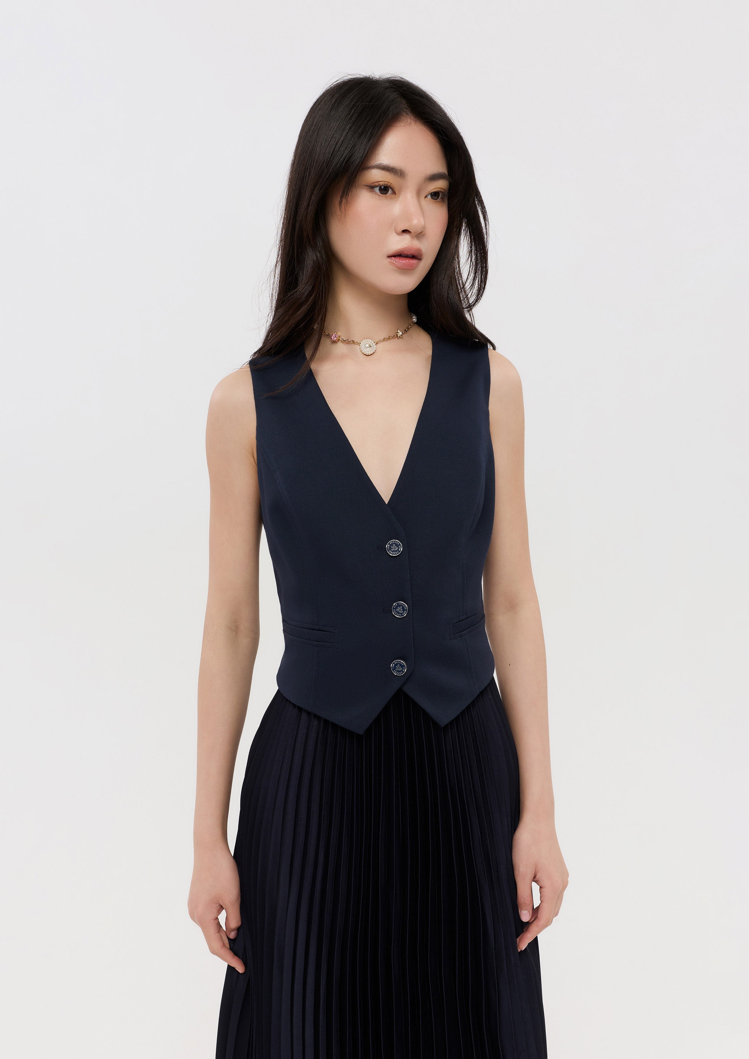 Pleated Skirt Vest Midi Dress Pristine Blue Sky