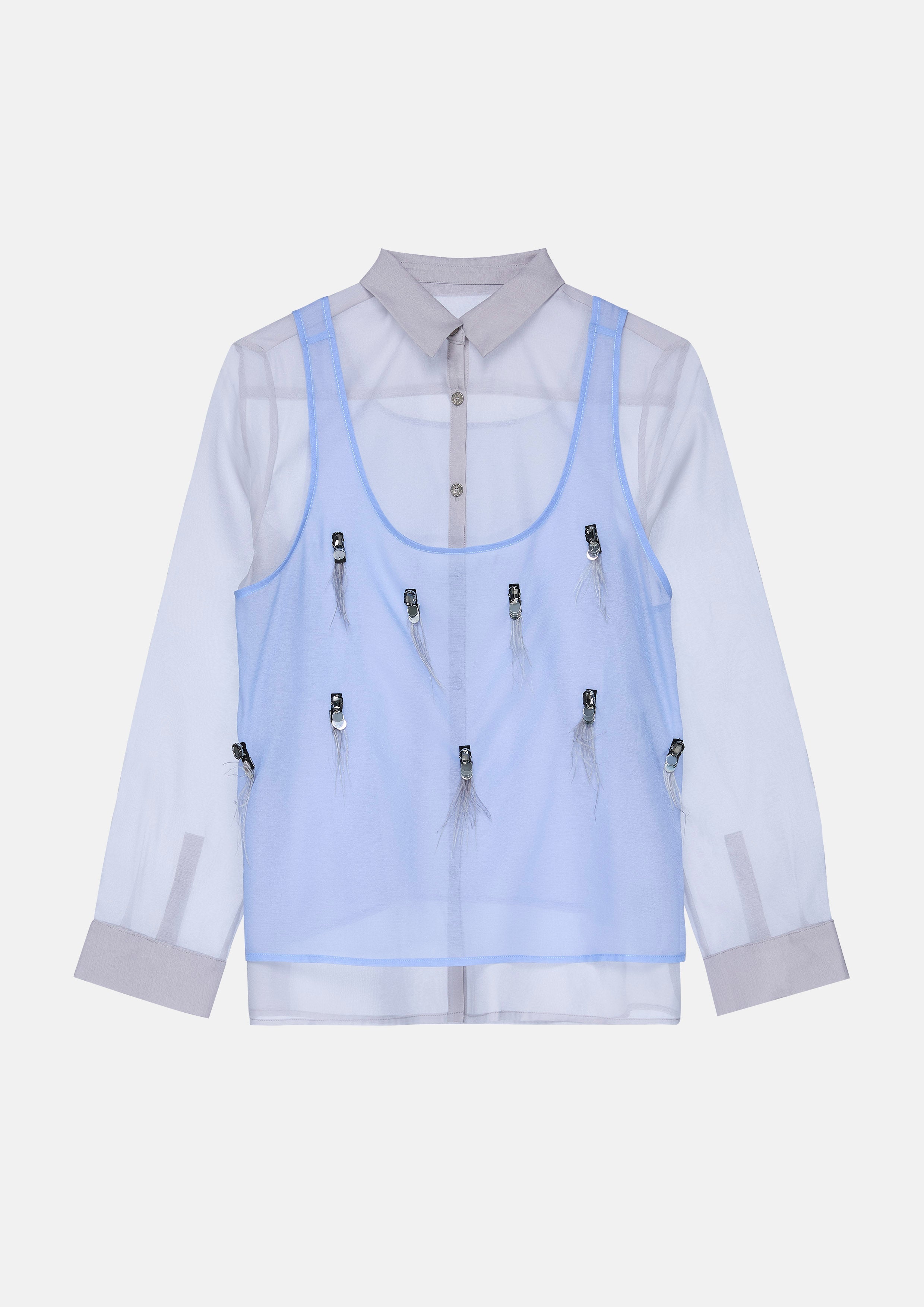 เสื้อเชิ้ตเลเยอร์ผ้าเชียร์แต่งเหลื่อมและพู่ขนนก คอลเลกชัน Pristine Blue Sky