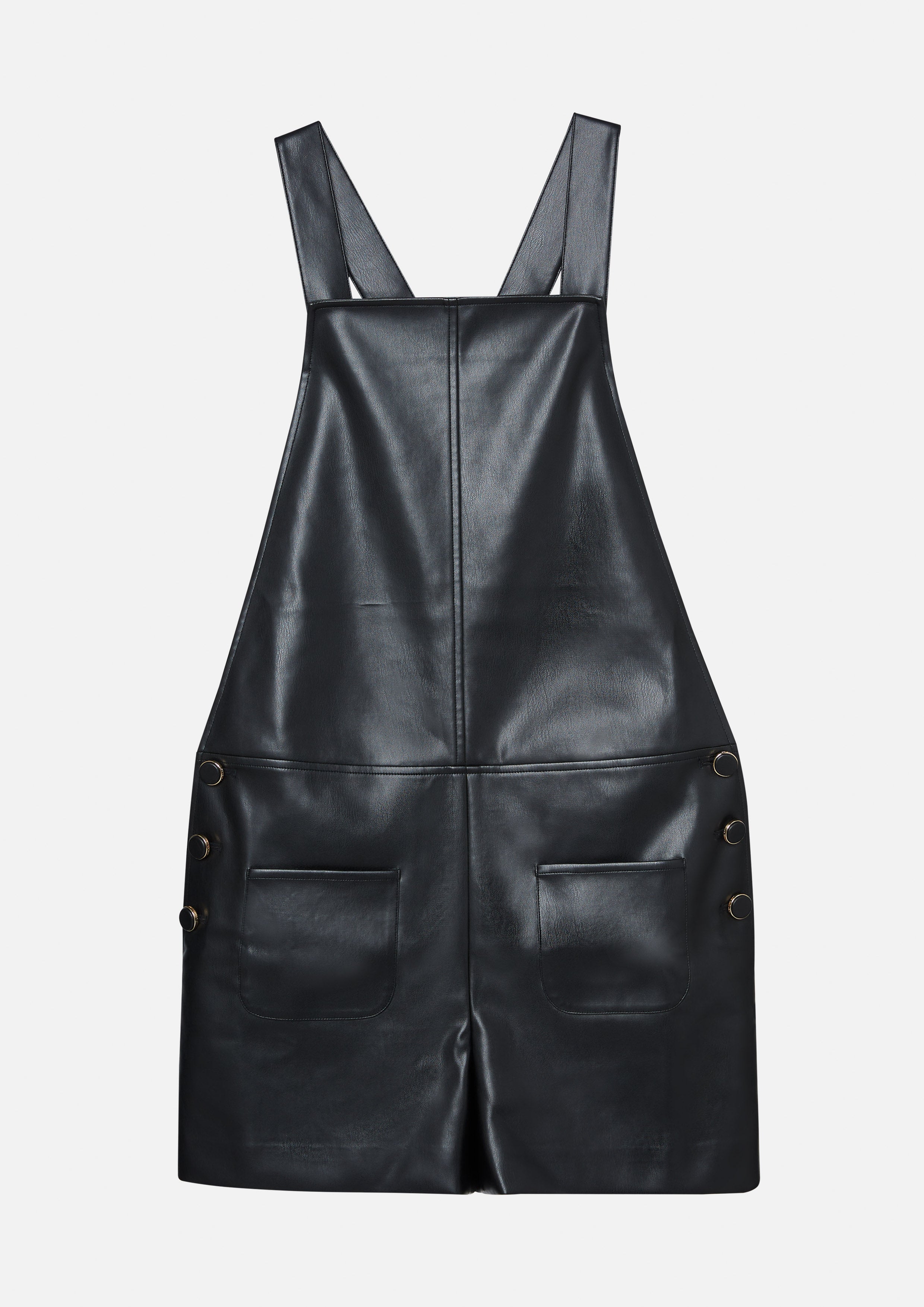faux leather overall dress Black Leather Overall Dress