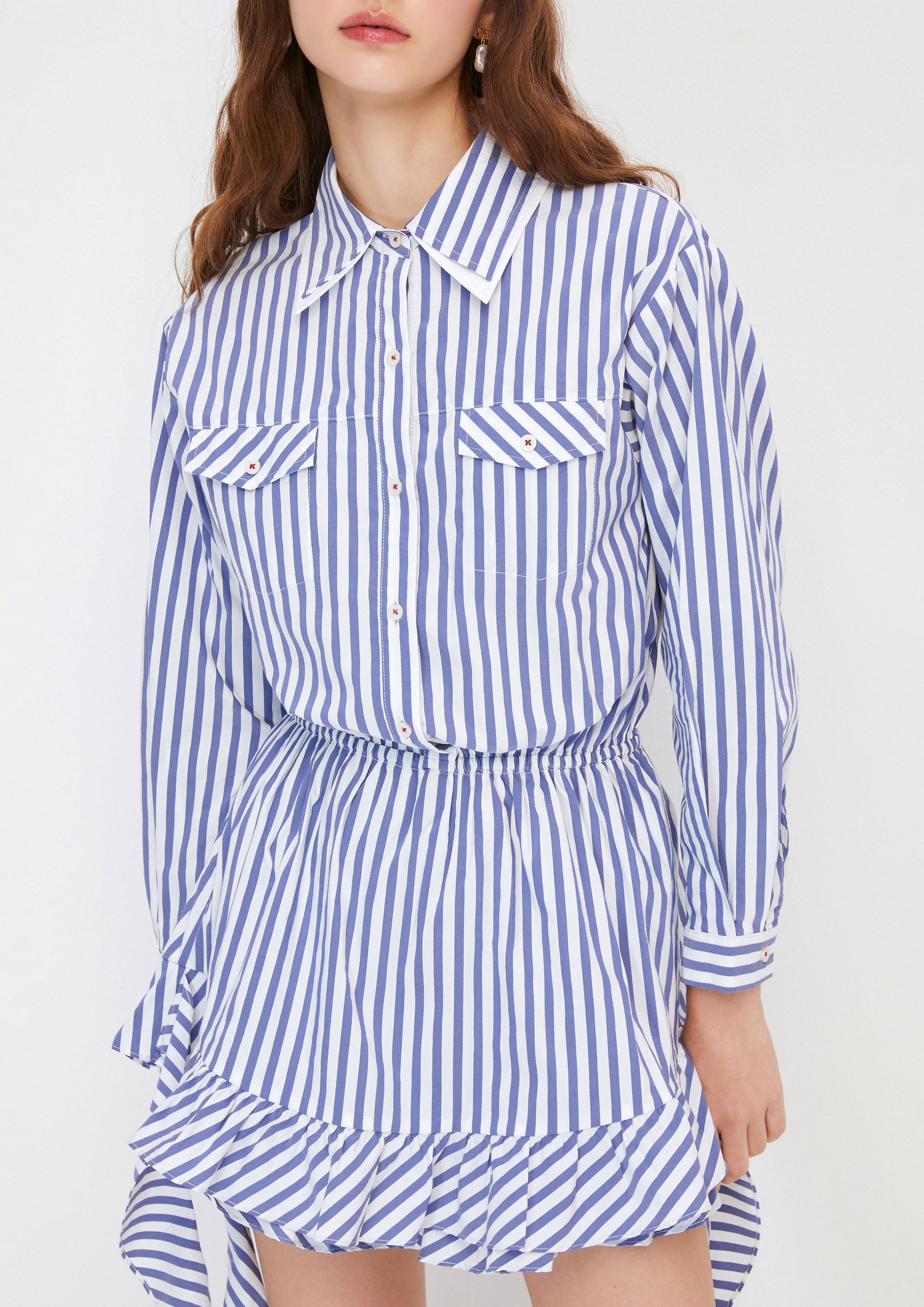 เดรสสั้นลายทางกระโปรงแต่งผ้าเดรป คอลเลกชัน You Deserve a Break