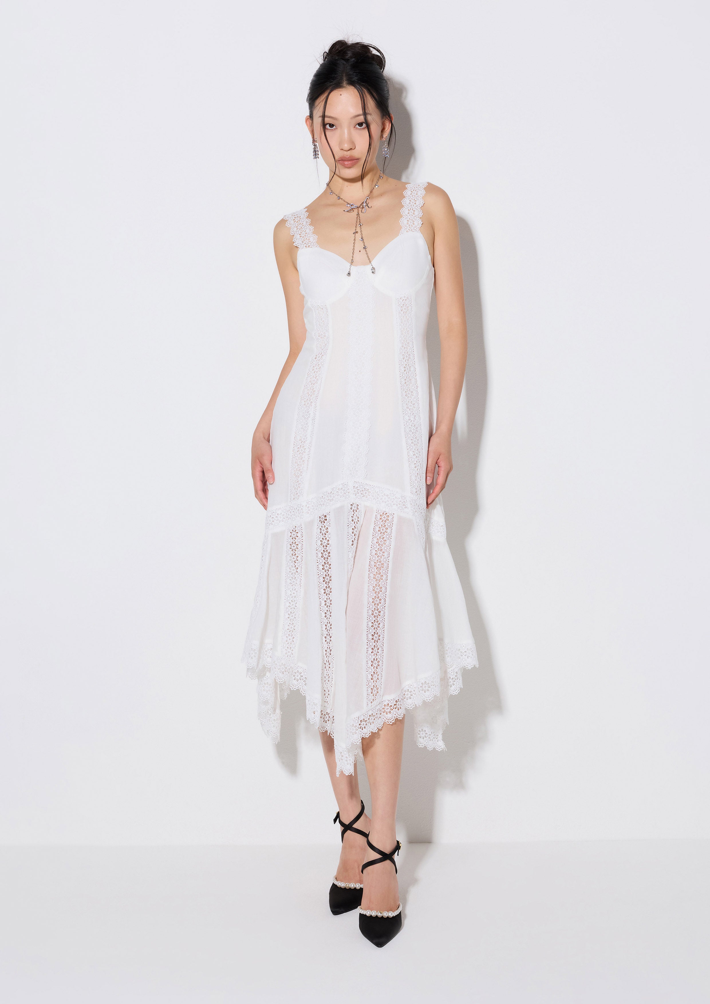 Lace Trim Handkerchief Skirt Midi Dress Weekender