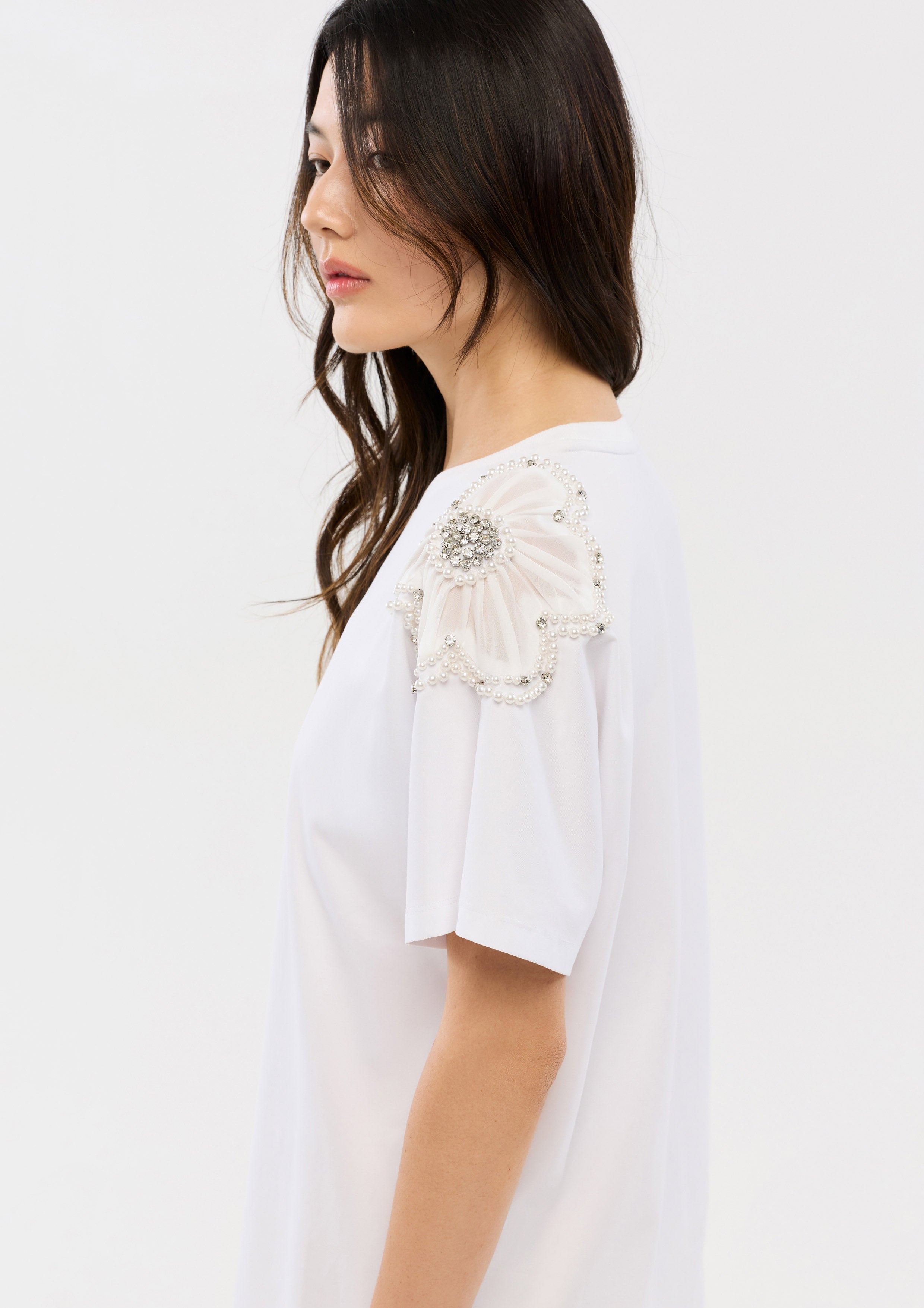 Crystal and Pearl Bead Embellished T-Shirt Oasis