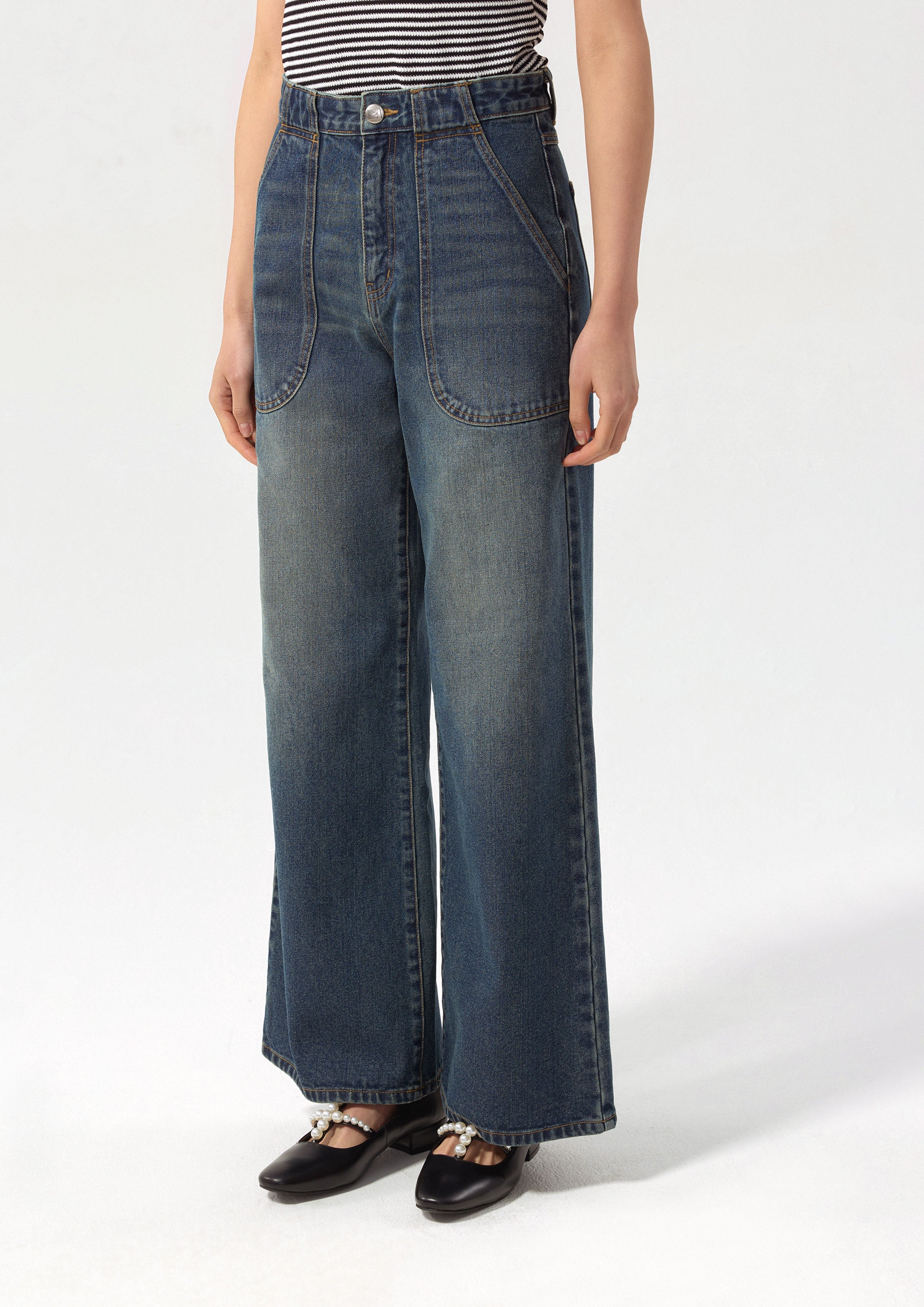 กางเกงเดนิมขากว้างสีเฟด คอลเลกชัน Basic Denim