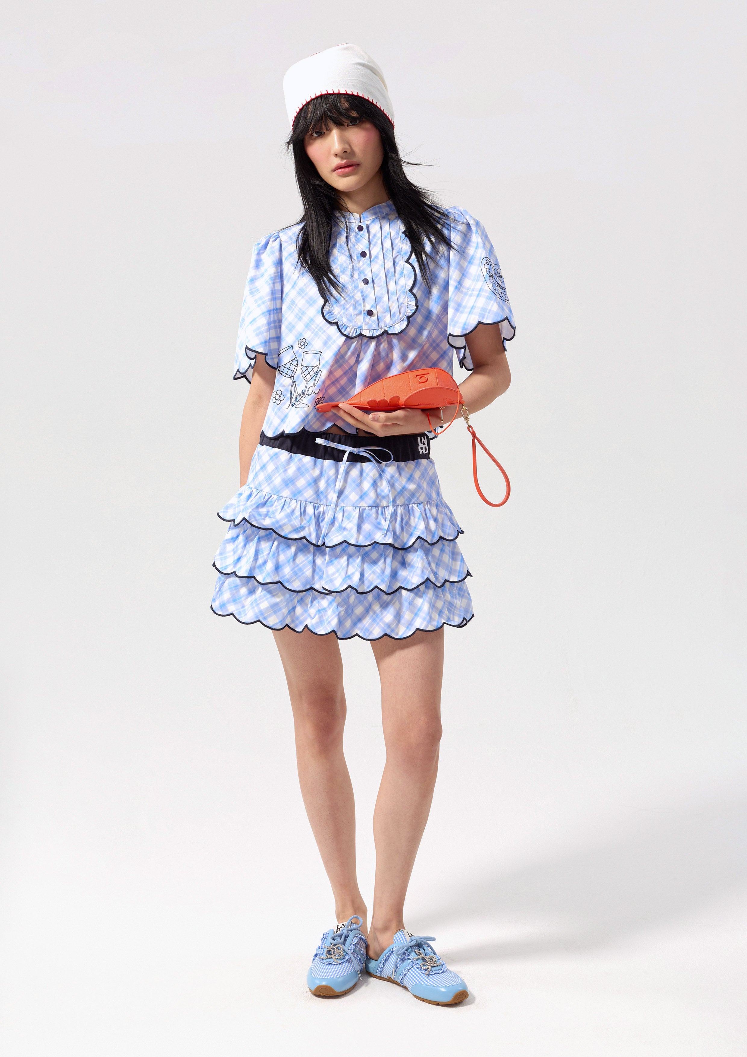 Gingham Scallop Trim Crop Blouse Chasing the Sun