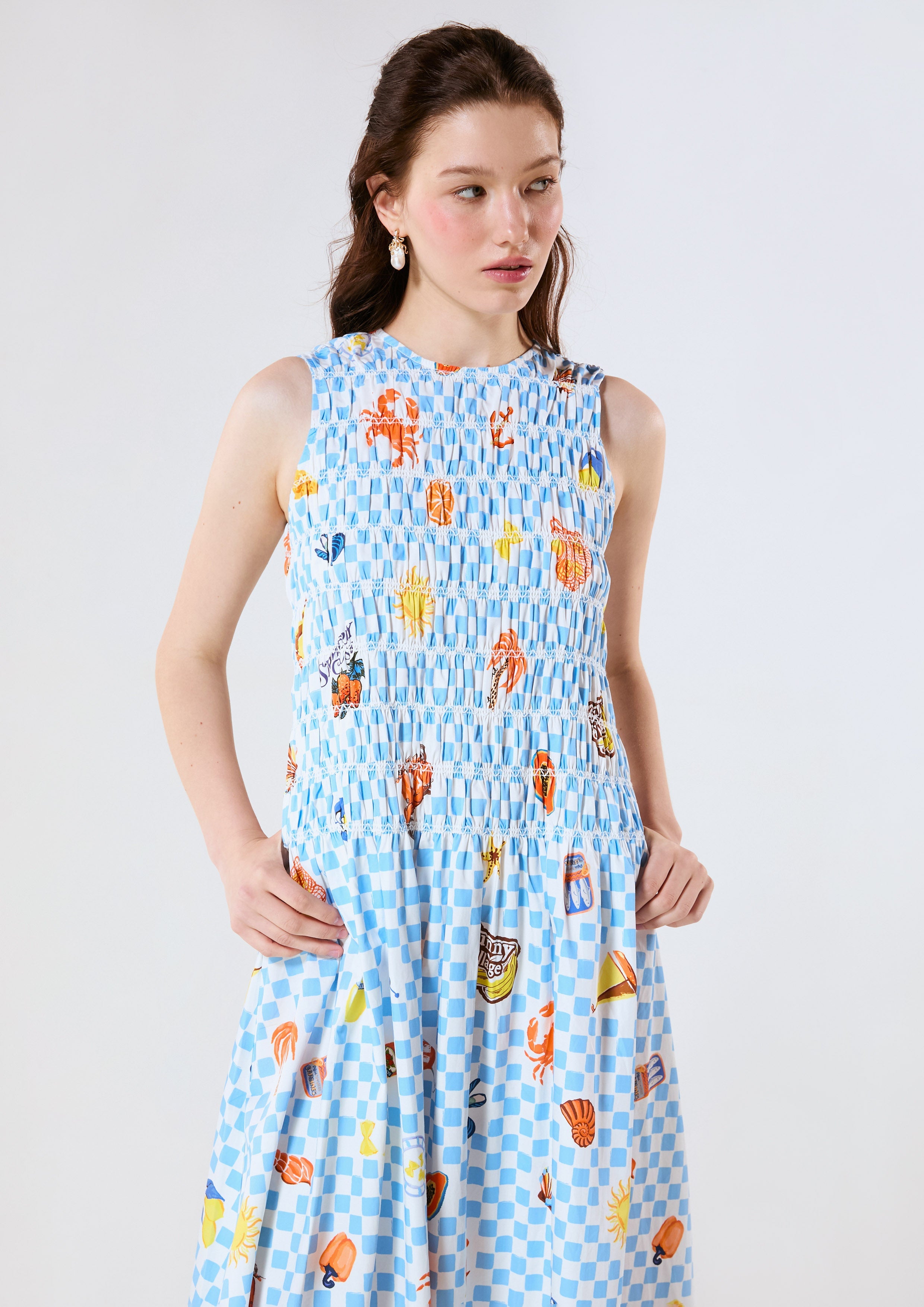 Gingham And Sticker Print Smocked Print Midi Dress Chasing the Sun