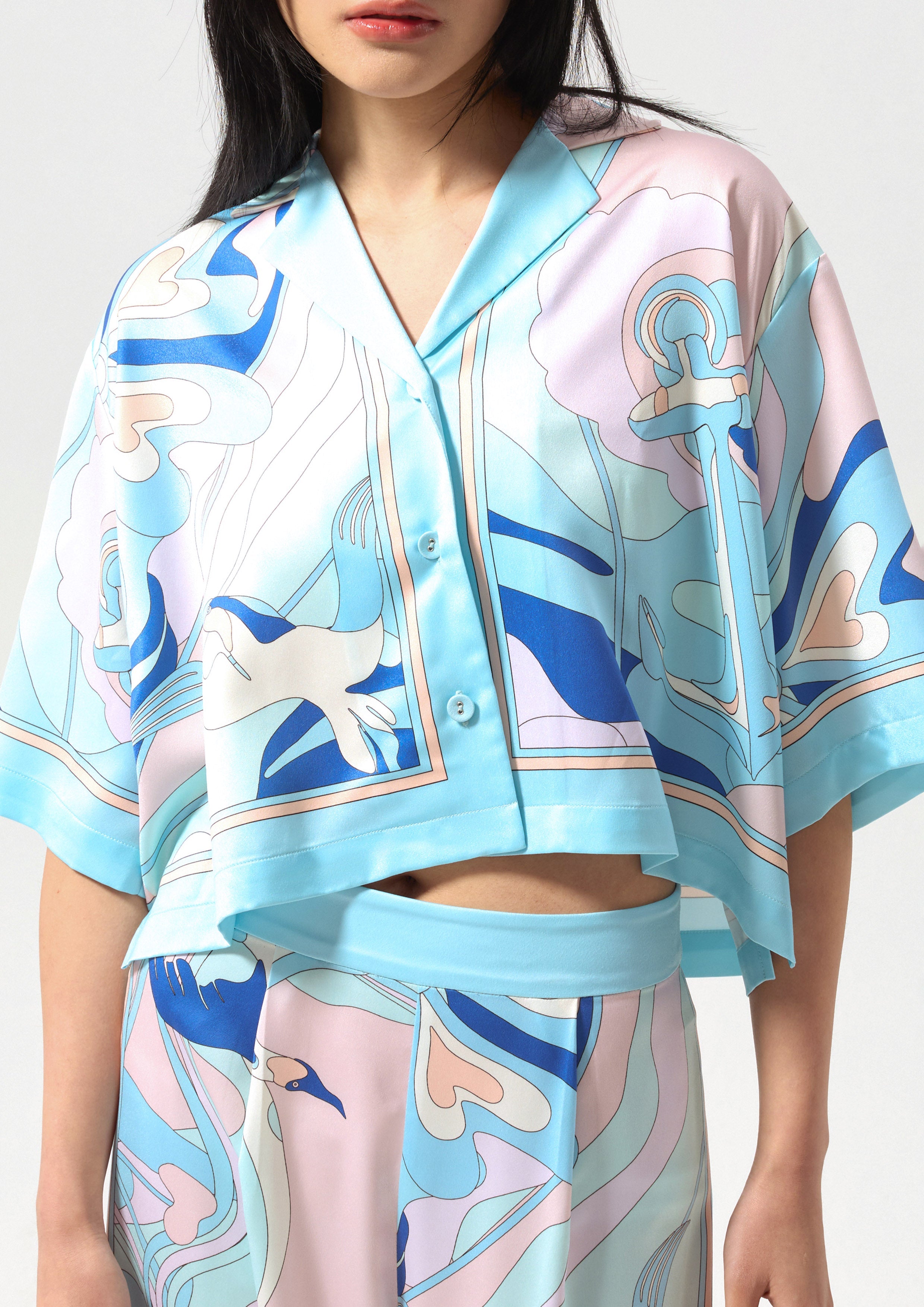 Print Satin Crop Shirt Califonia Yacht Club