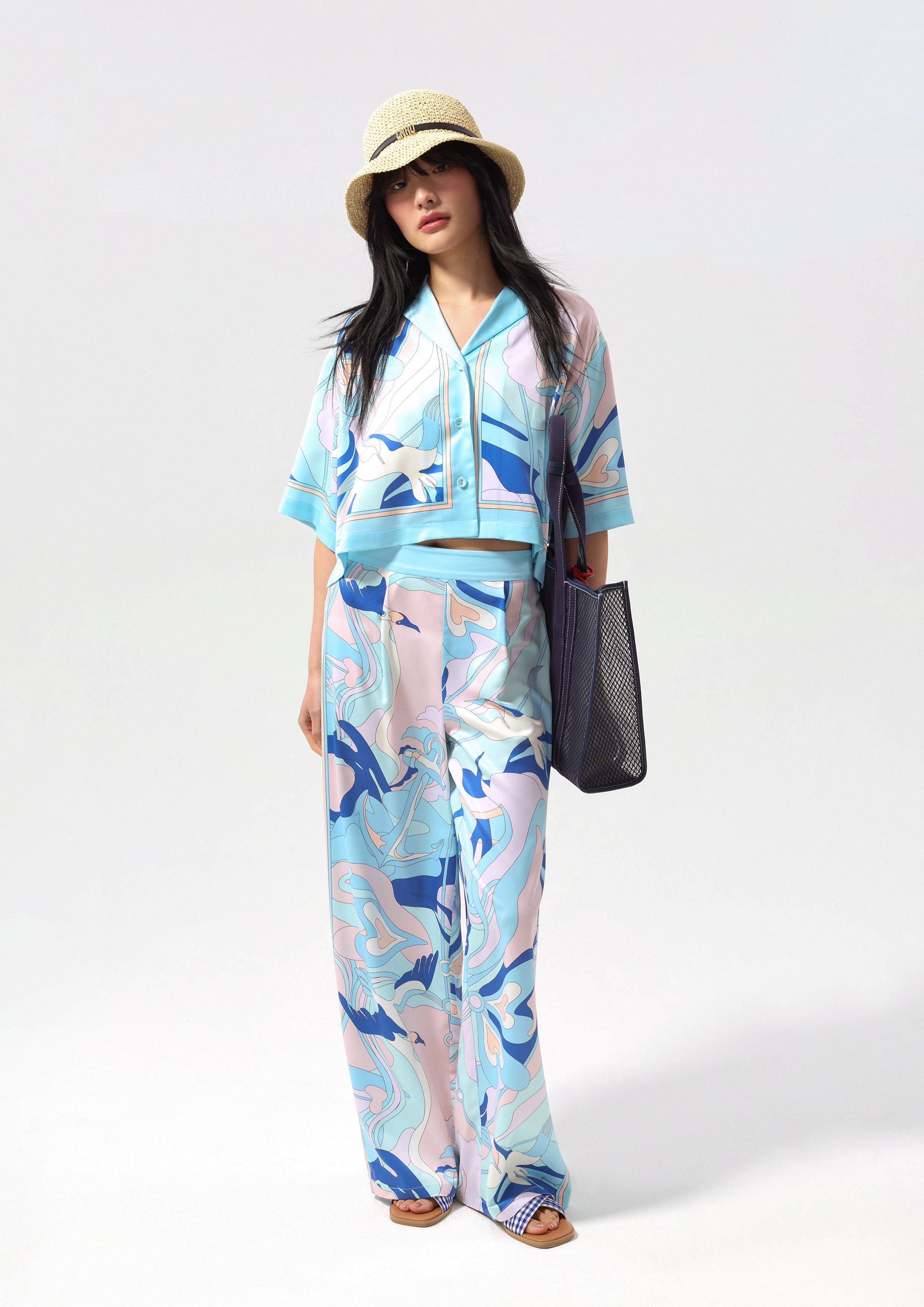 กางเกงขายาวเอวสูงพิมพ์ลาย คอลเลกชัน Califonia Yacht Club