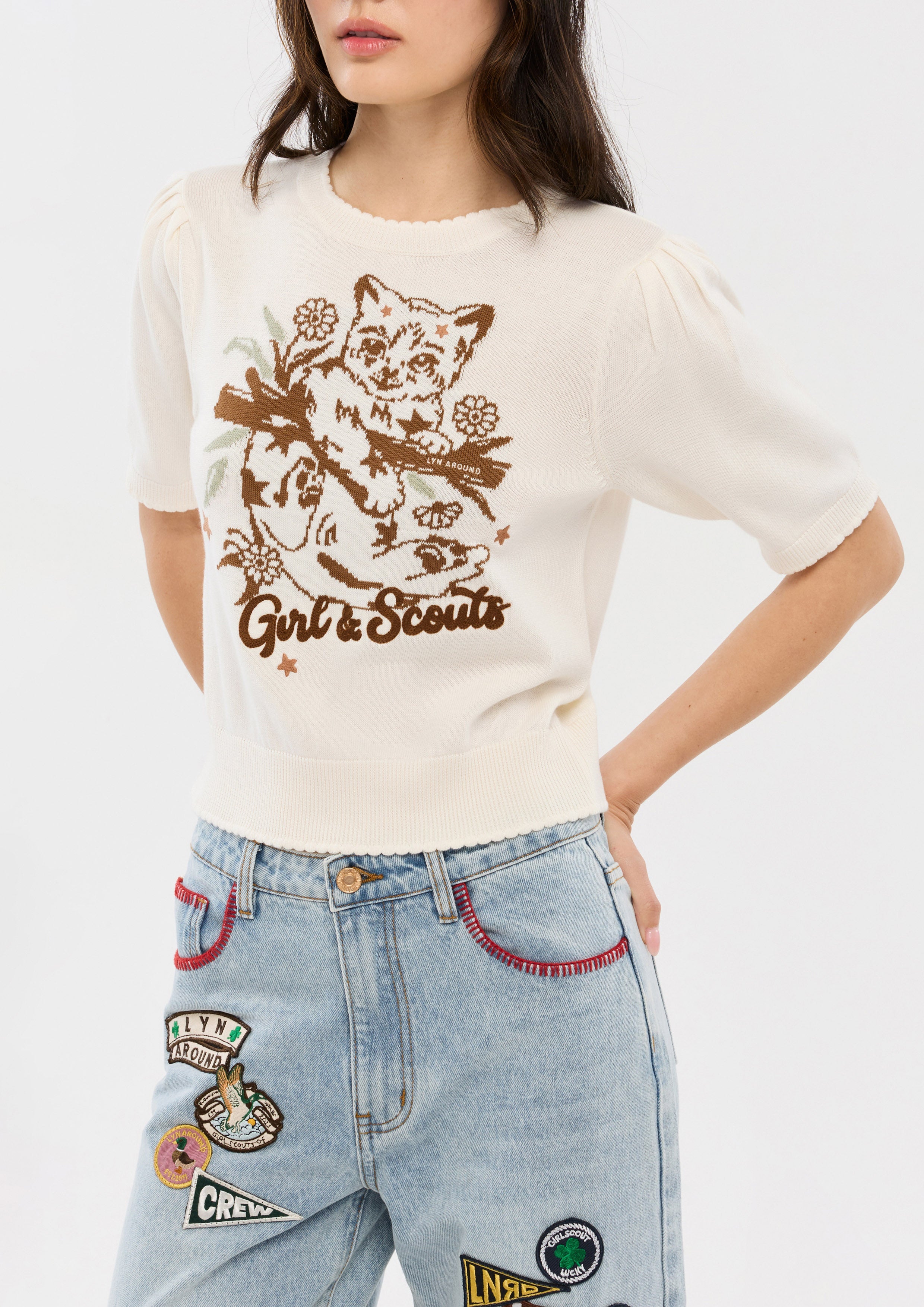 เสื้อนิตแขนสั้นปักลายแมว คอลเลกชัน Camp Diary