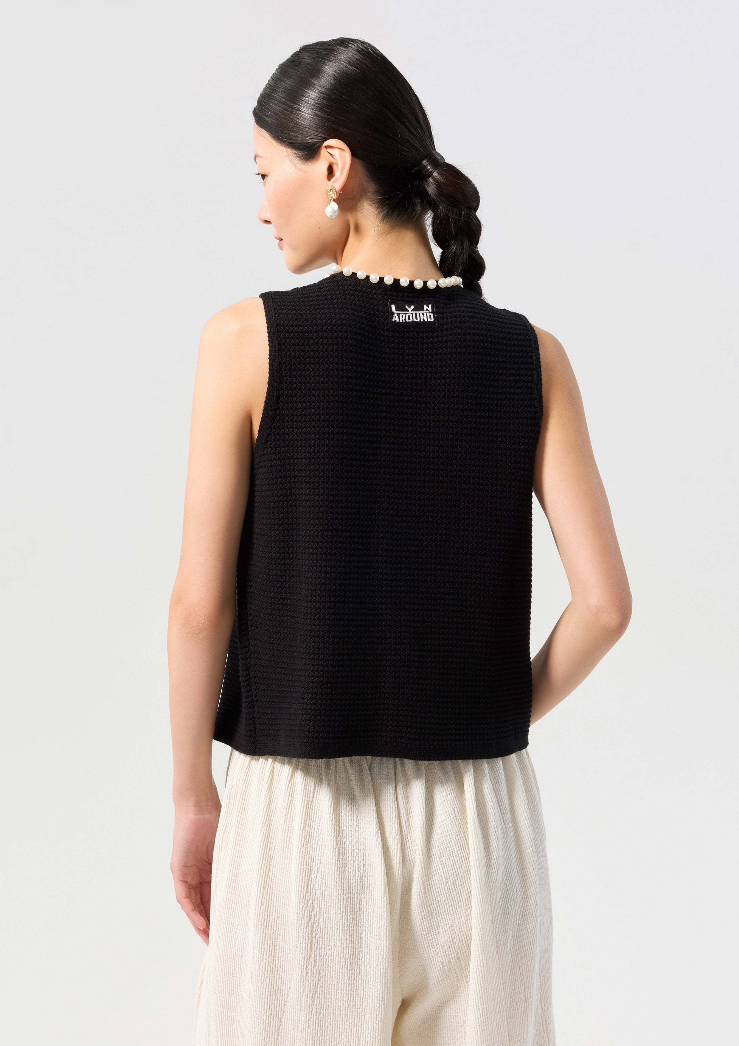 Pearl Bead Embellished Sleeveless Mesh Top Oasis
