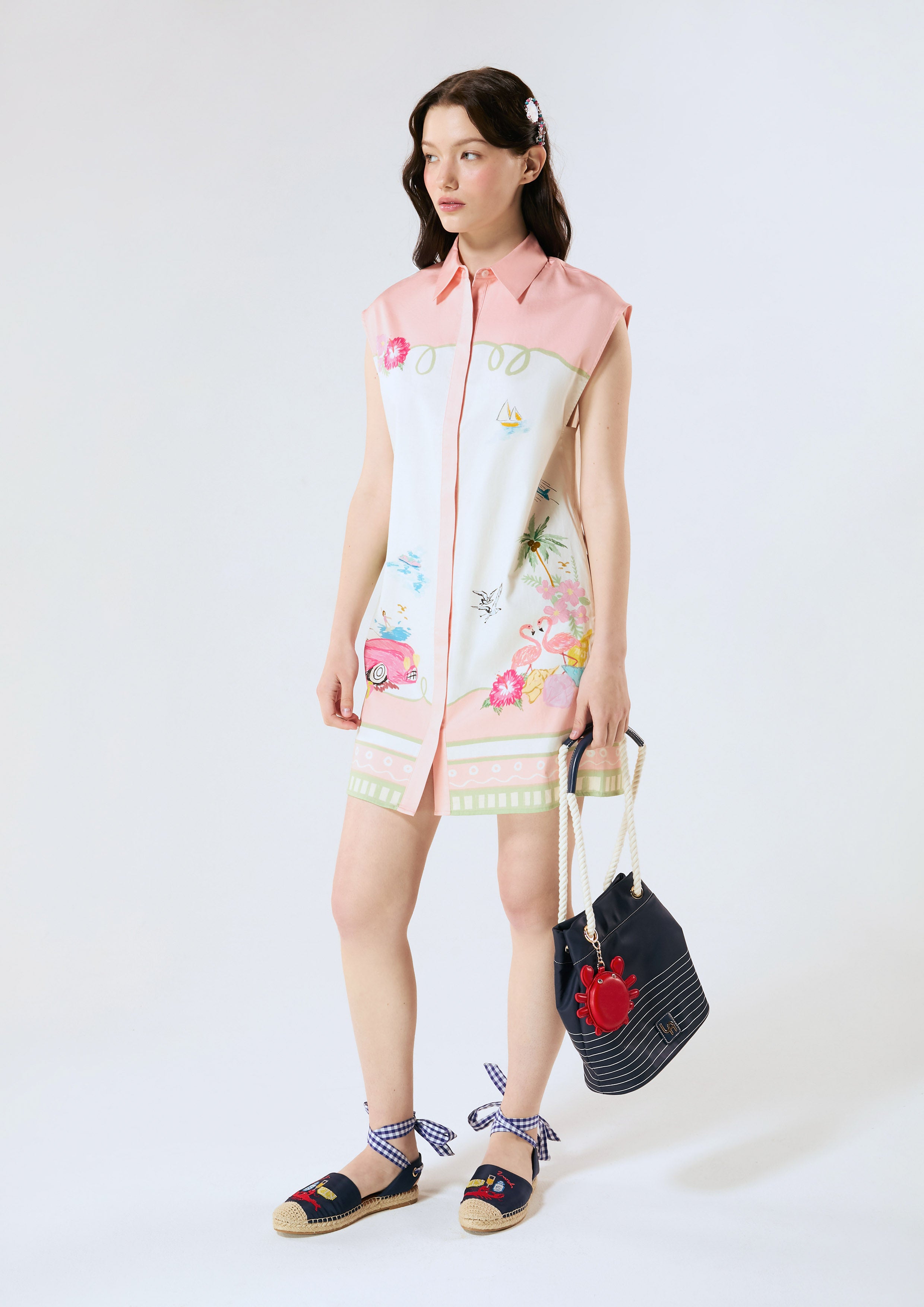 Print Sleeveless Shirt Dress Palm Spring