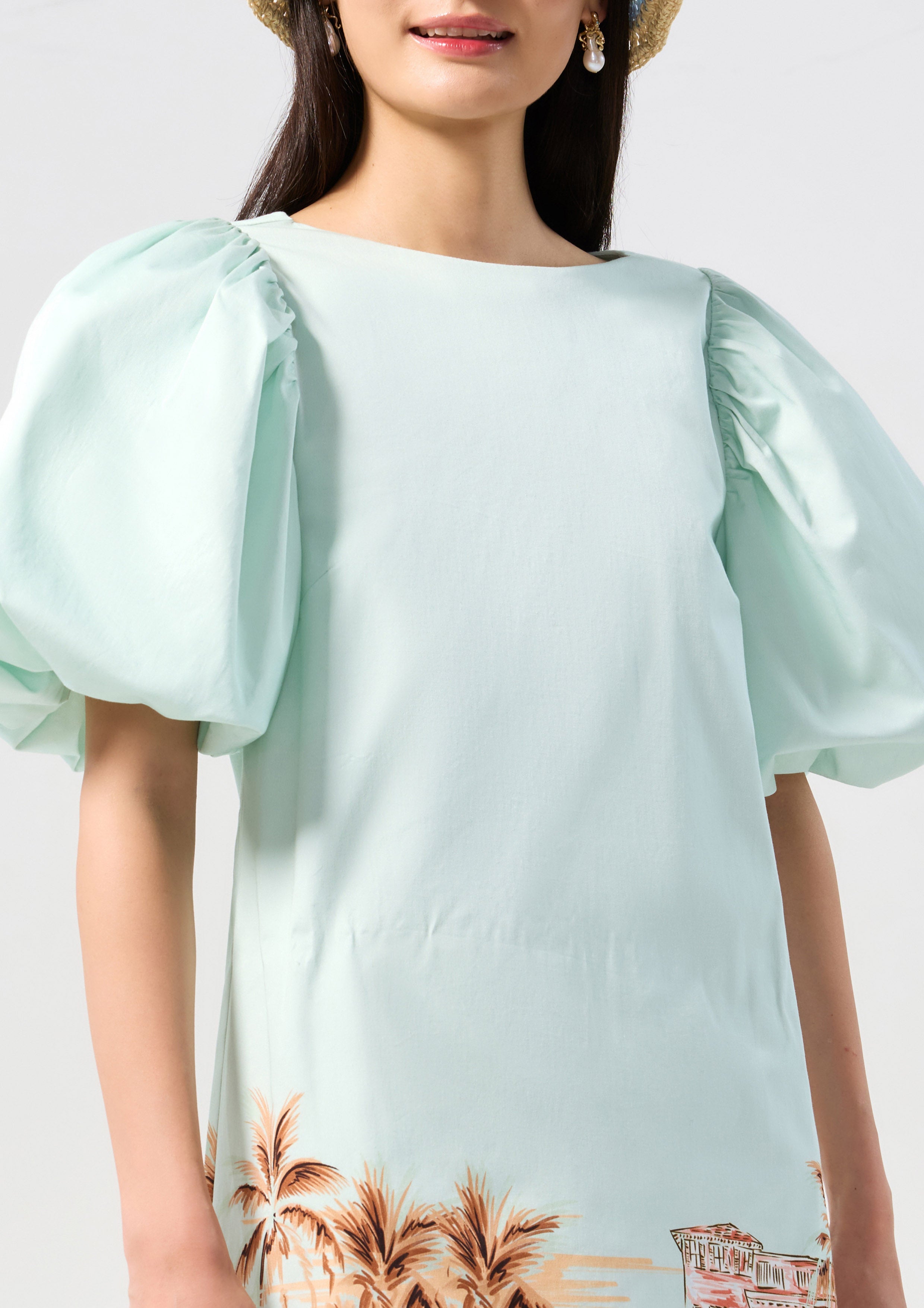 Print Puff Sleeve Mini Dress Palm Spring