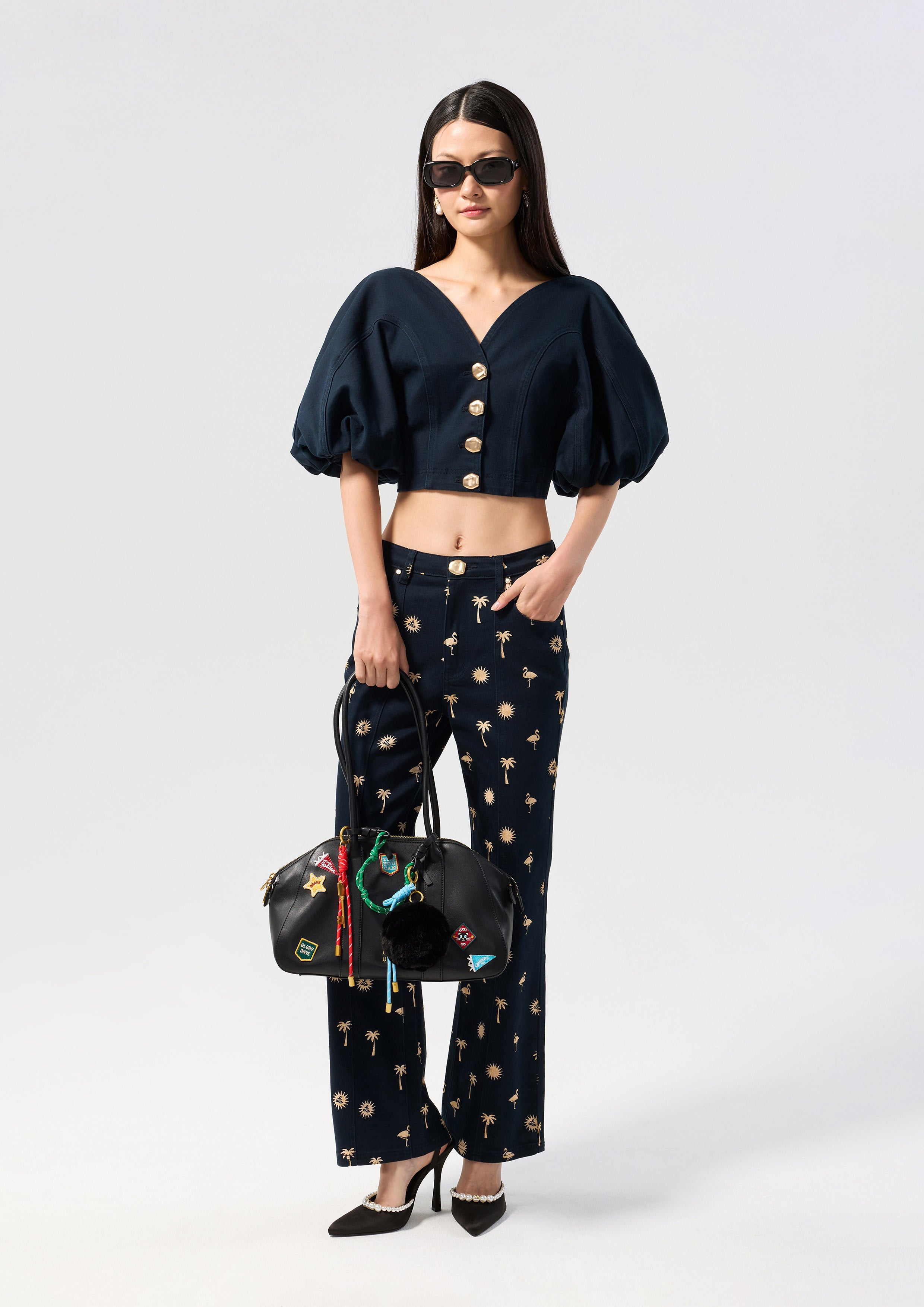 Metal Button Crop Puff Sleeve Blouse Palm Spring