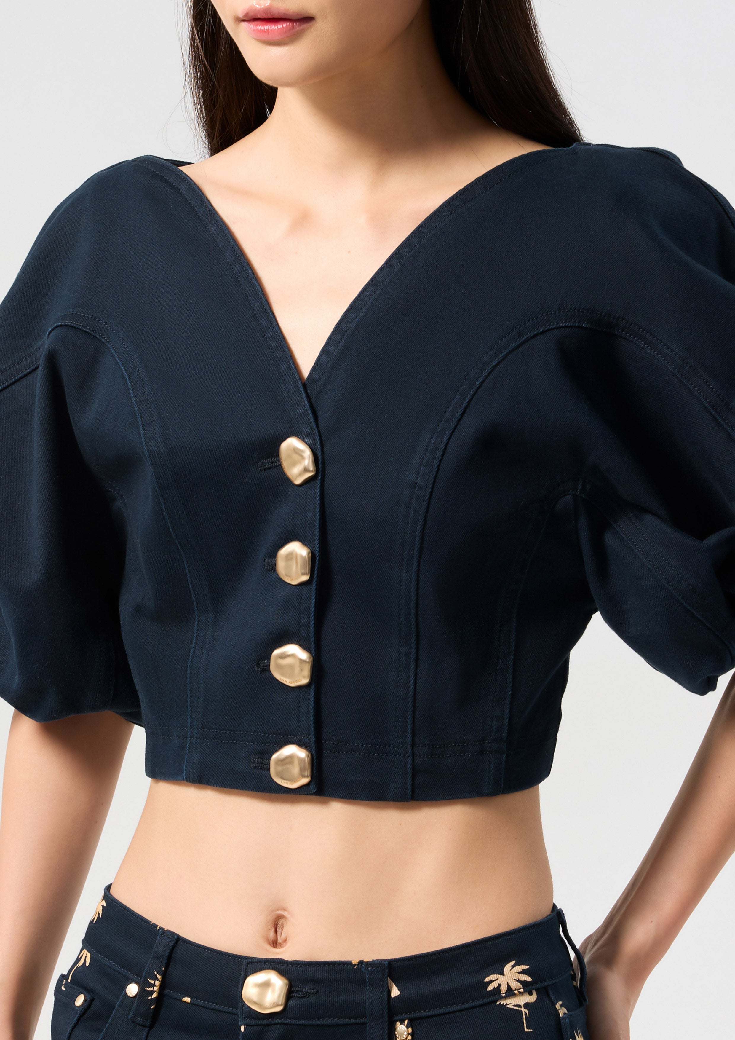 Metal Button Crop Puff Sleeve Blouse Palm Spring