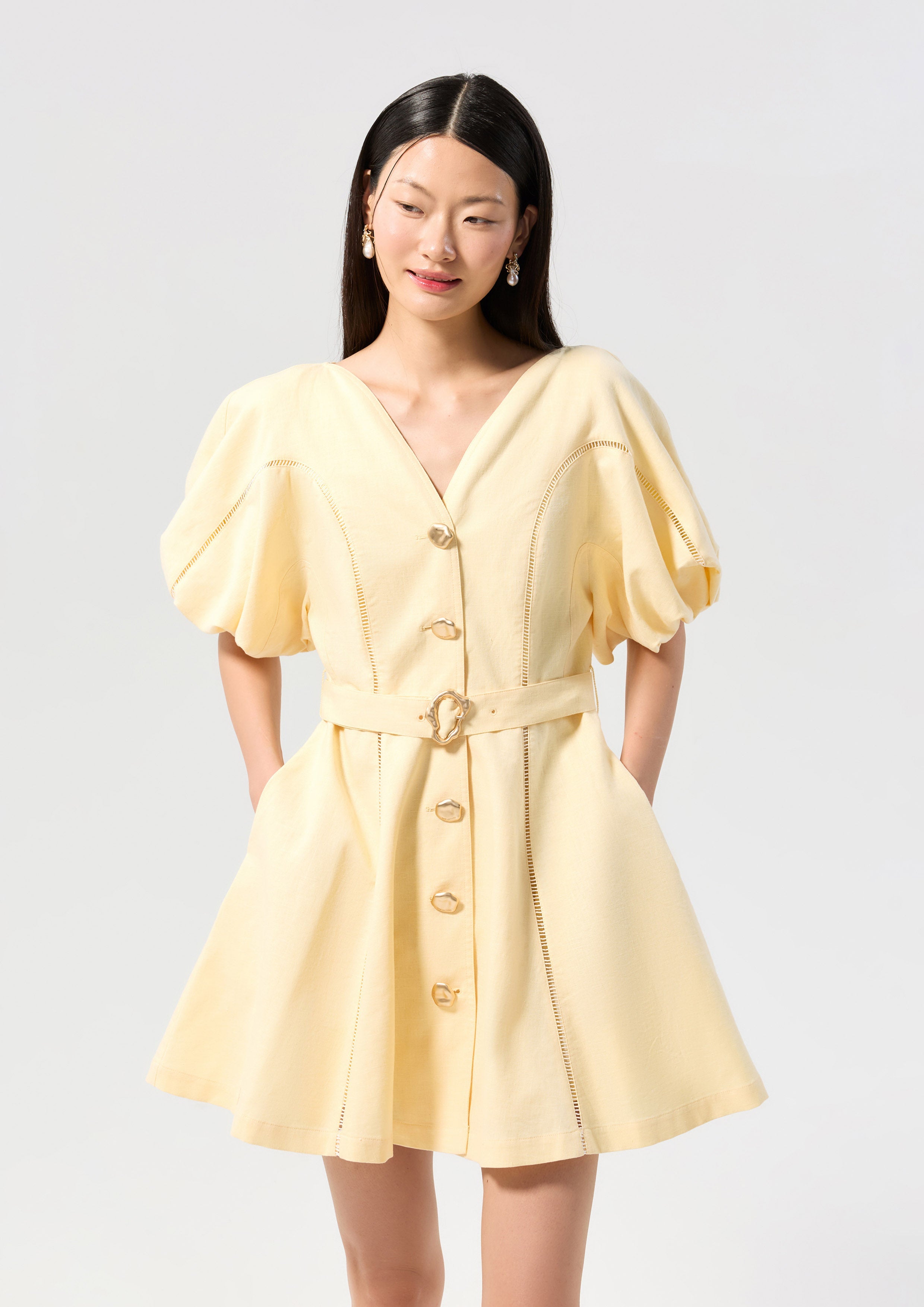 Puff Sleeve Mini Dress With Belt Palm Spring