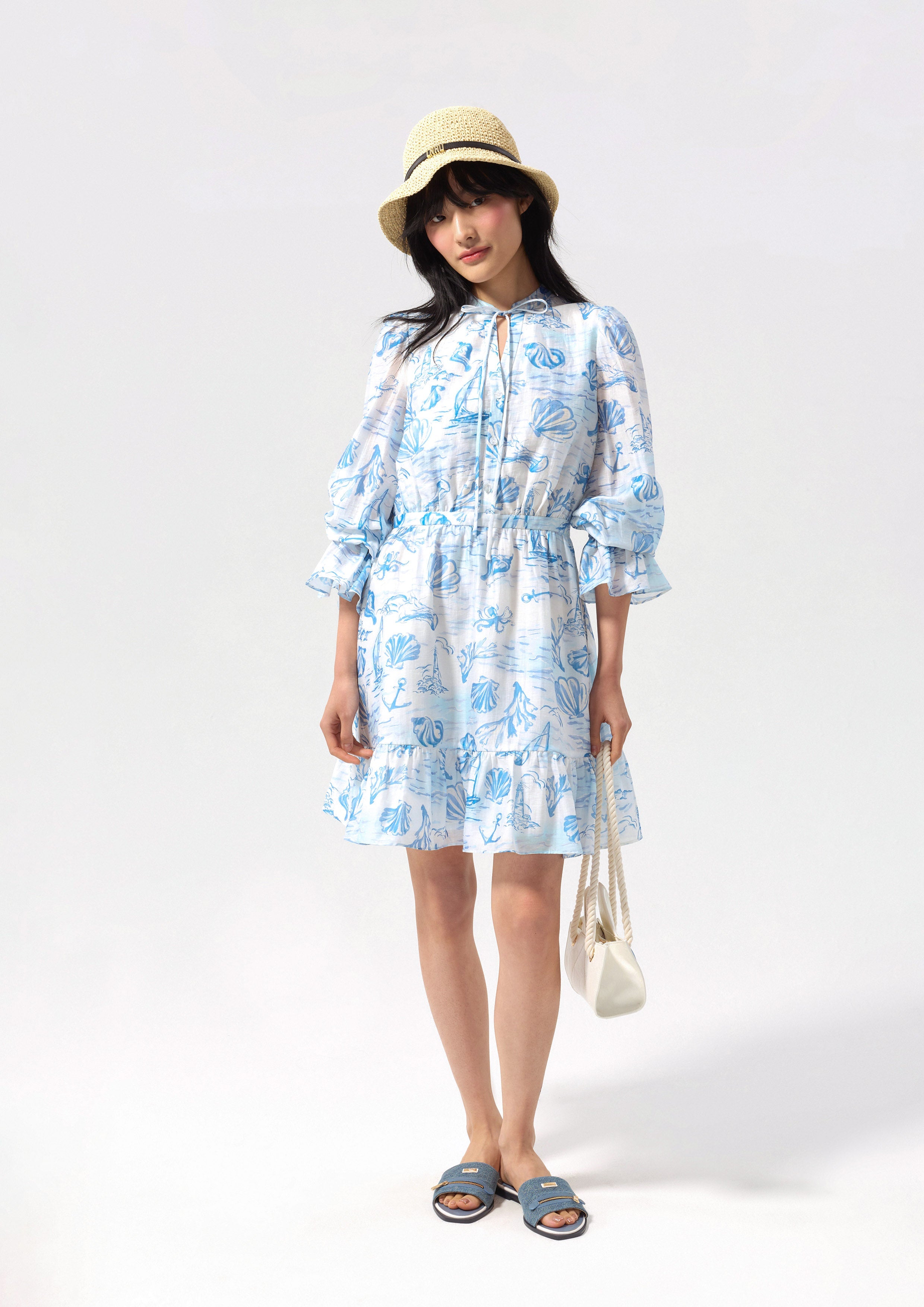 เดรสสั้นผ้าเชียร์พิมพ์ลาย คอลเลกชัน Califonia Yacht Club