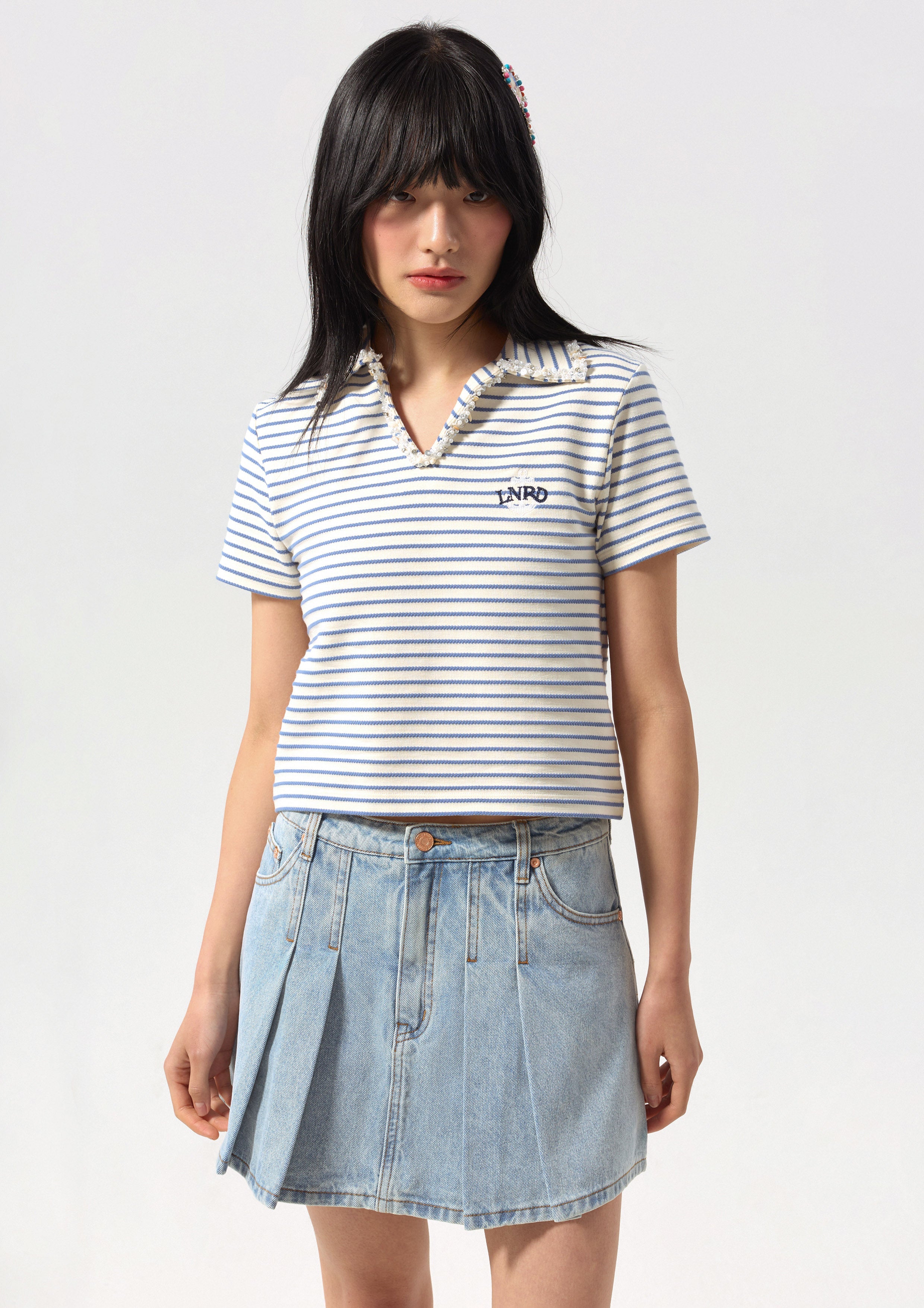 เสื้อแขนสั้นลายทางปักโลโก้ คอลเลกชัน Califonia Yacht Club