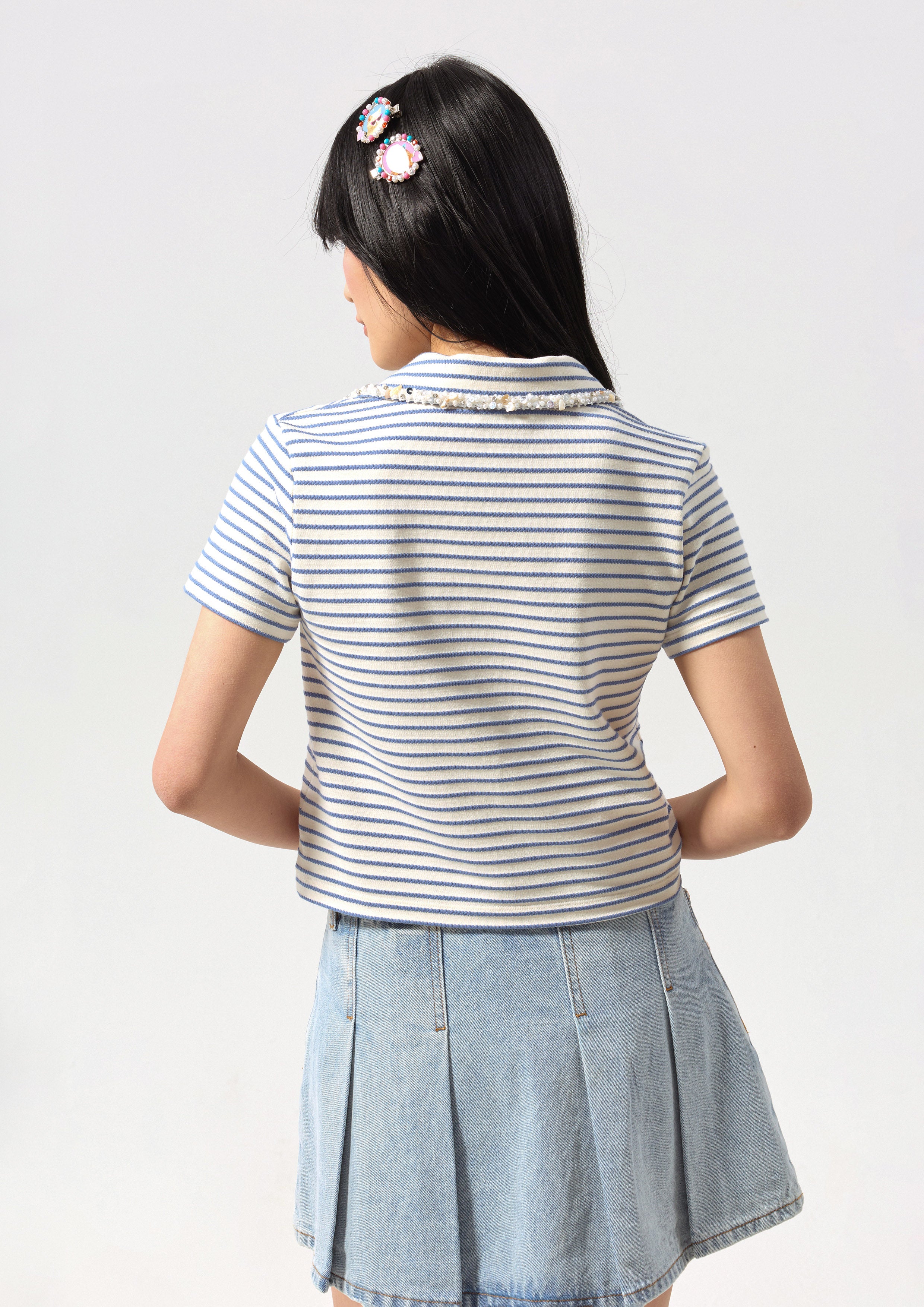 เสื้อแขนสั้นลายทางปักโลโก้ คอลเลกชัน Califonia Yacht Club