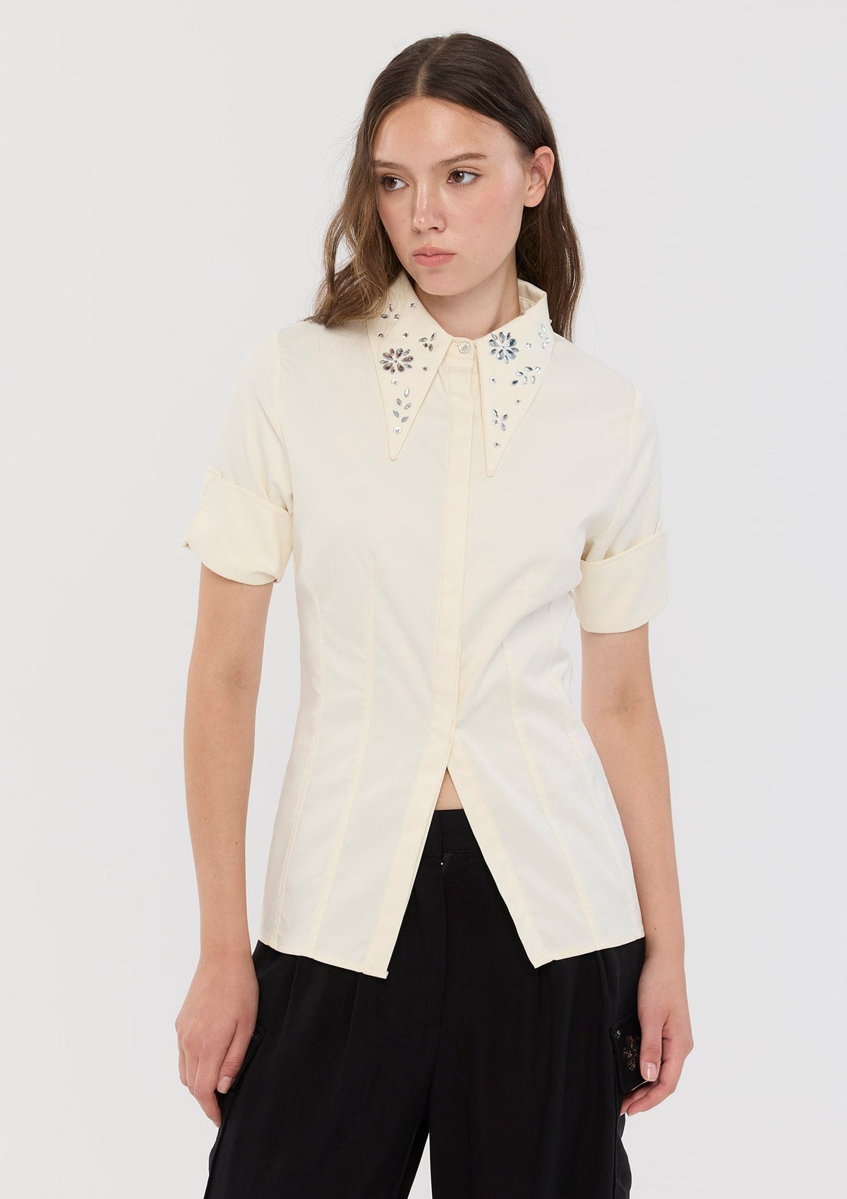 Crystal Embellished Collar Shirt Cosmic Remedy