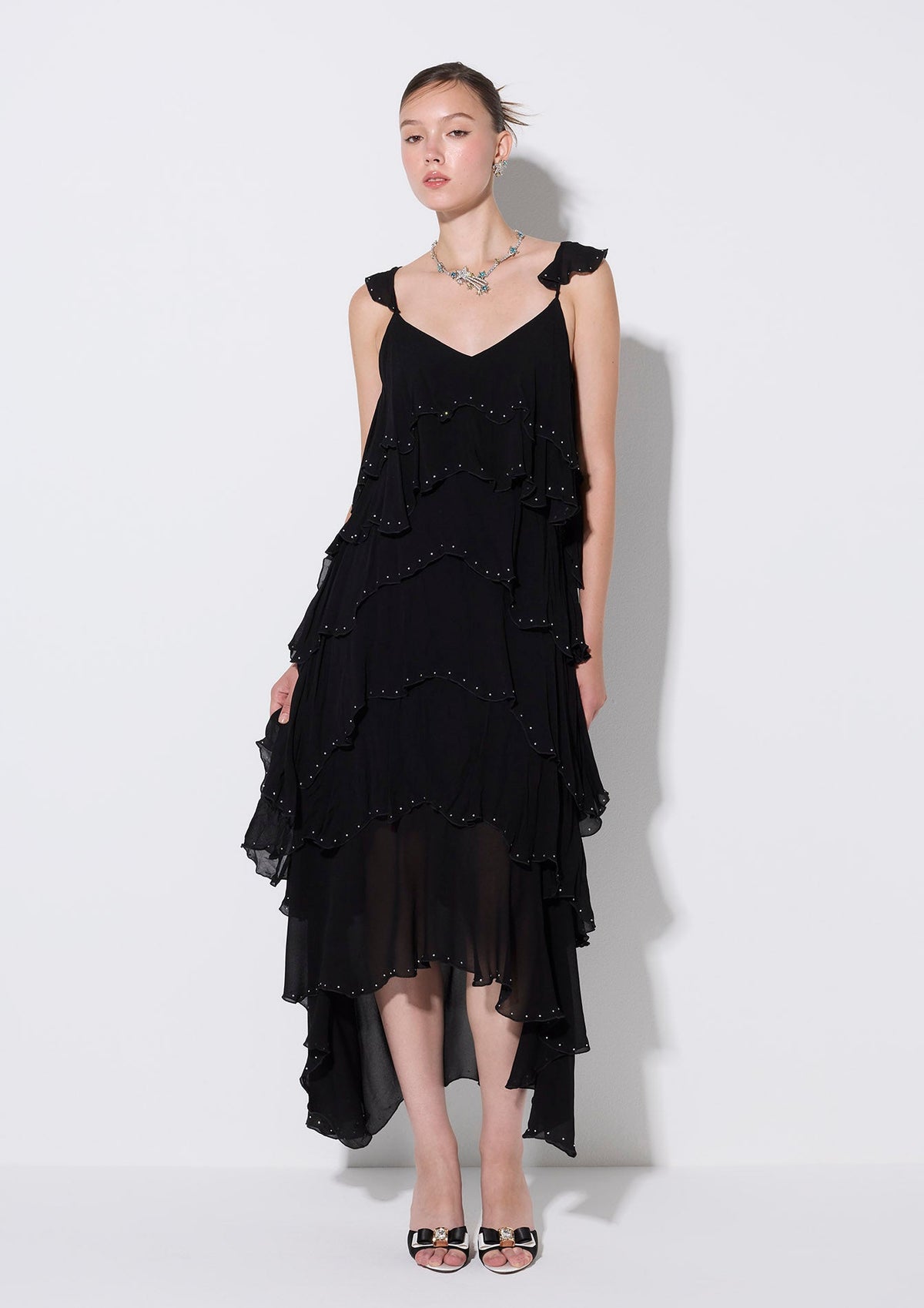 Crystal Embellished Ruffle Maxi Dress Crystal Habit