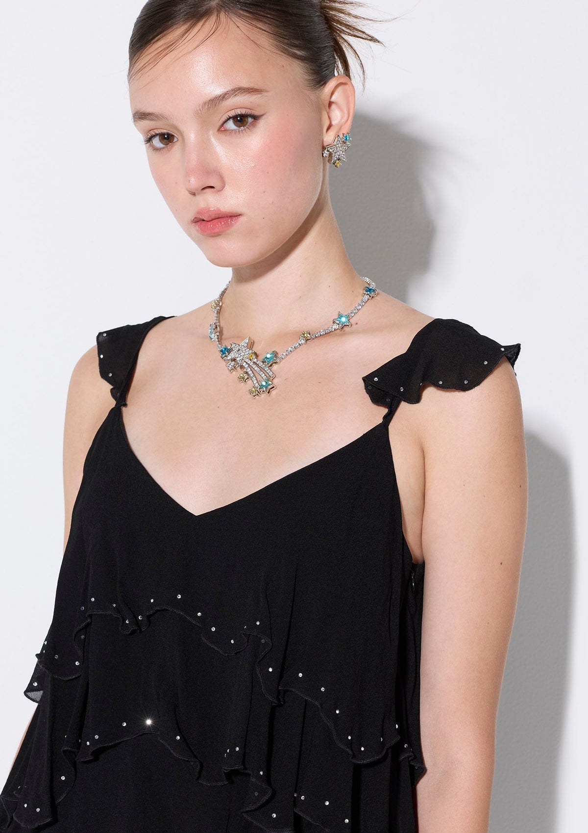 Crystal Embellished Ruffle Maxi Dress Crystal Habit