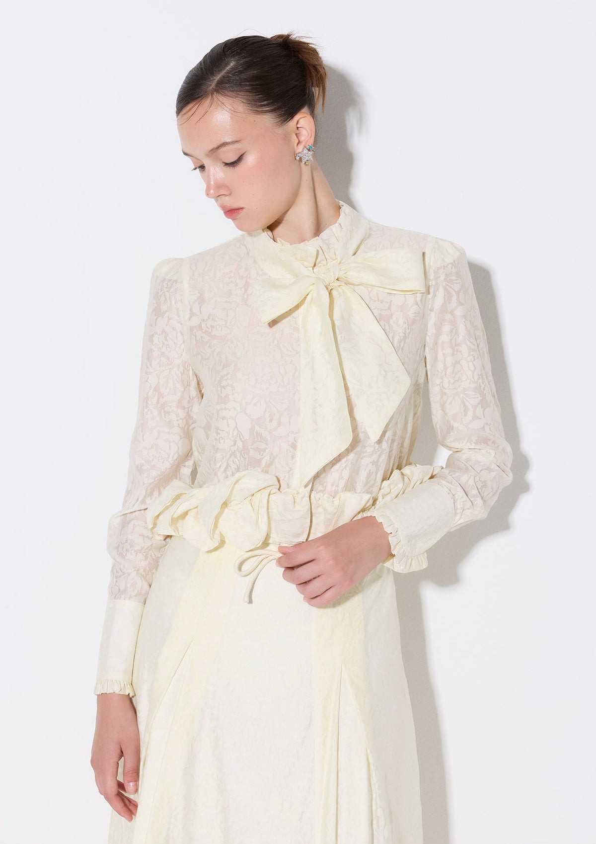 Bow Tie Neck Lace Long Sleeve Blouse Crystal Habit