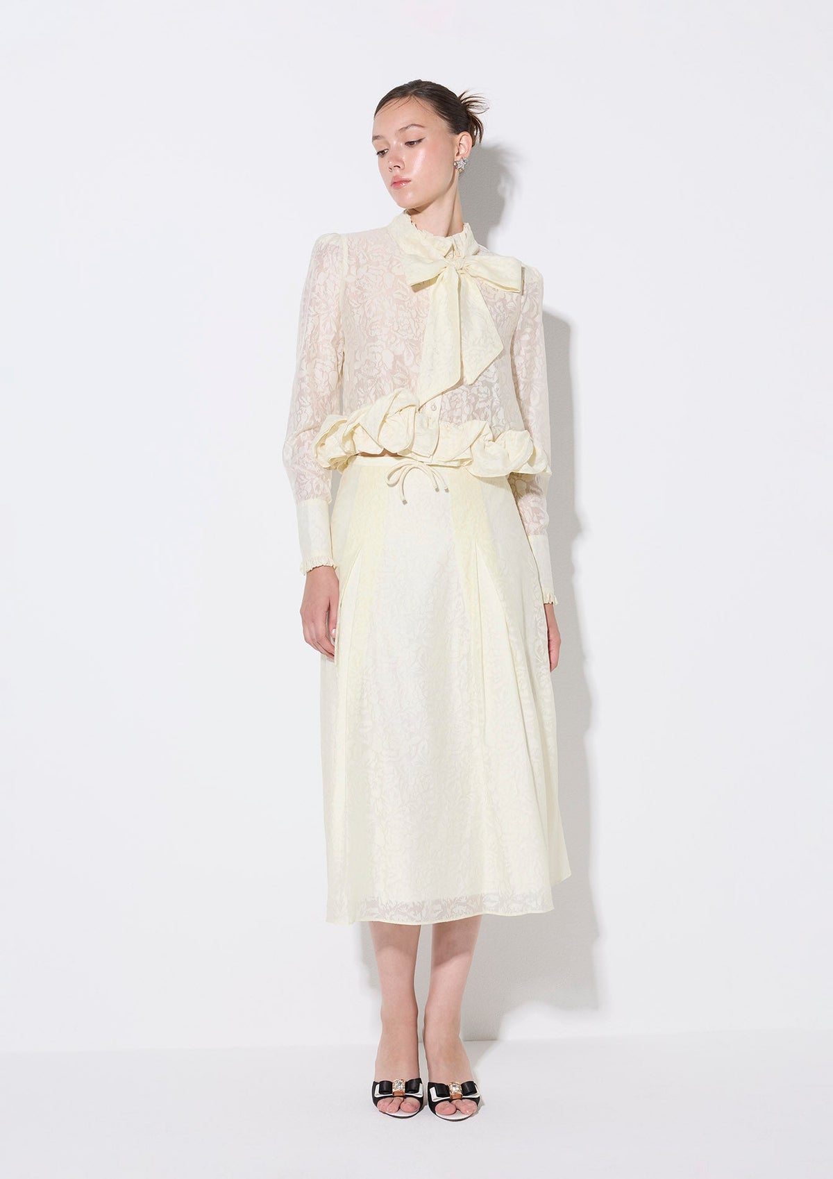 Bow Tie Neck Lace Long Sleeve Blouse Crystal Habit