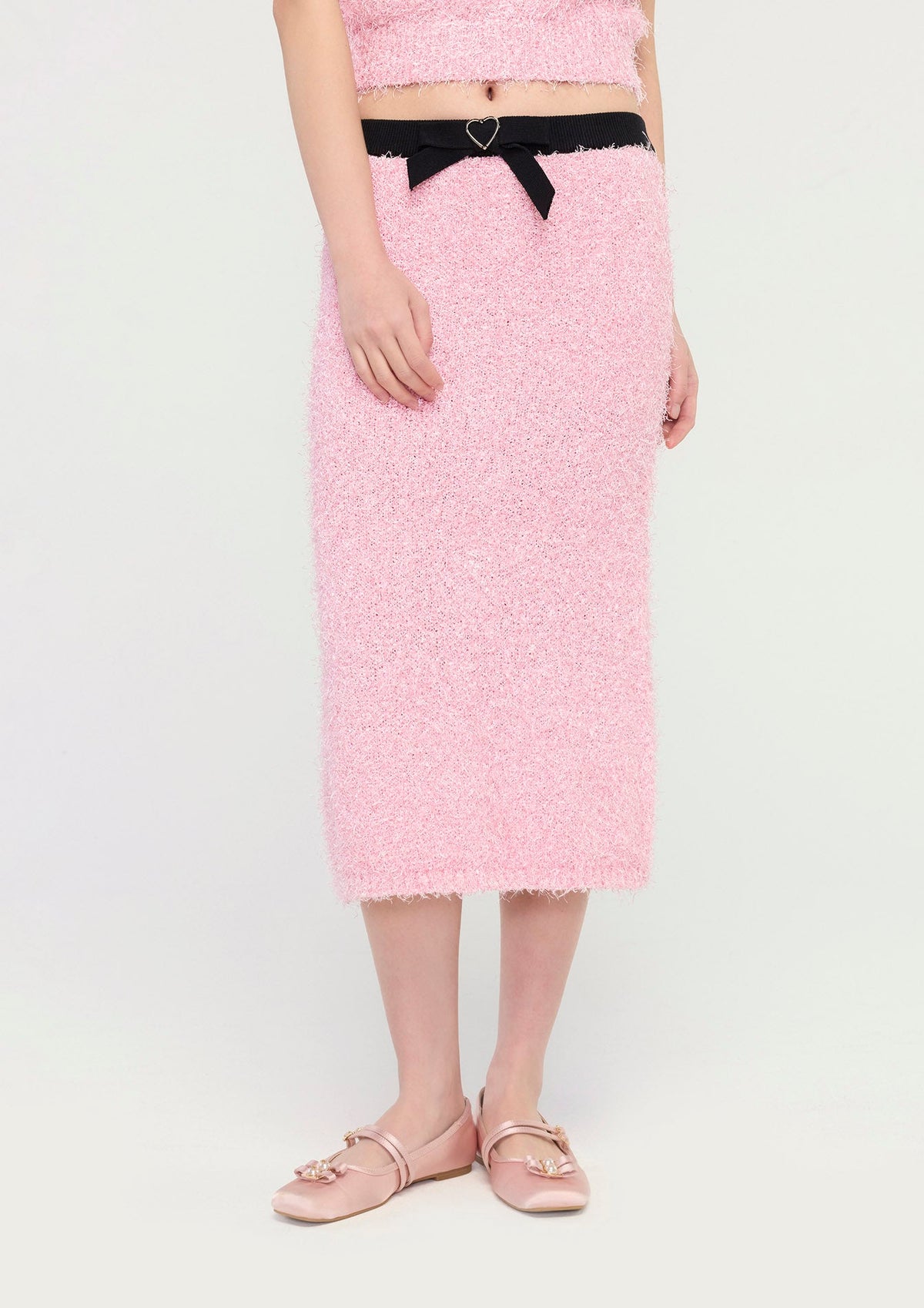 Contrast-Bow Textured Midi Skirt GLITZ N GROOVE