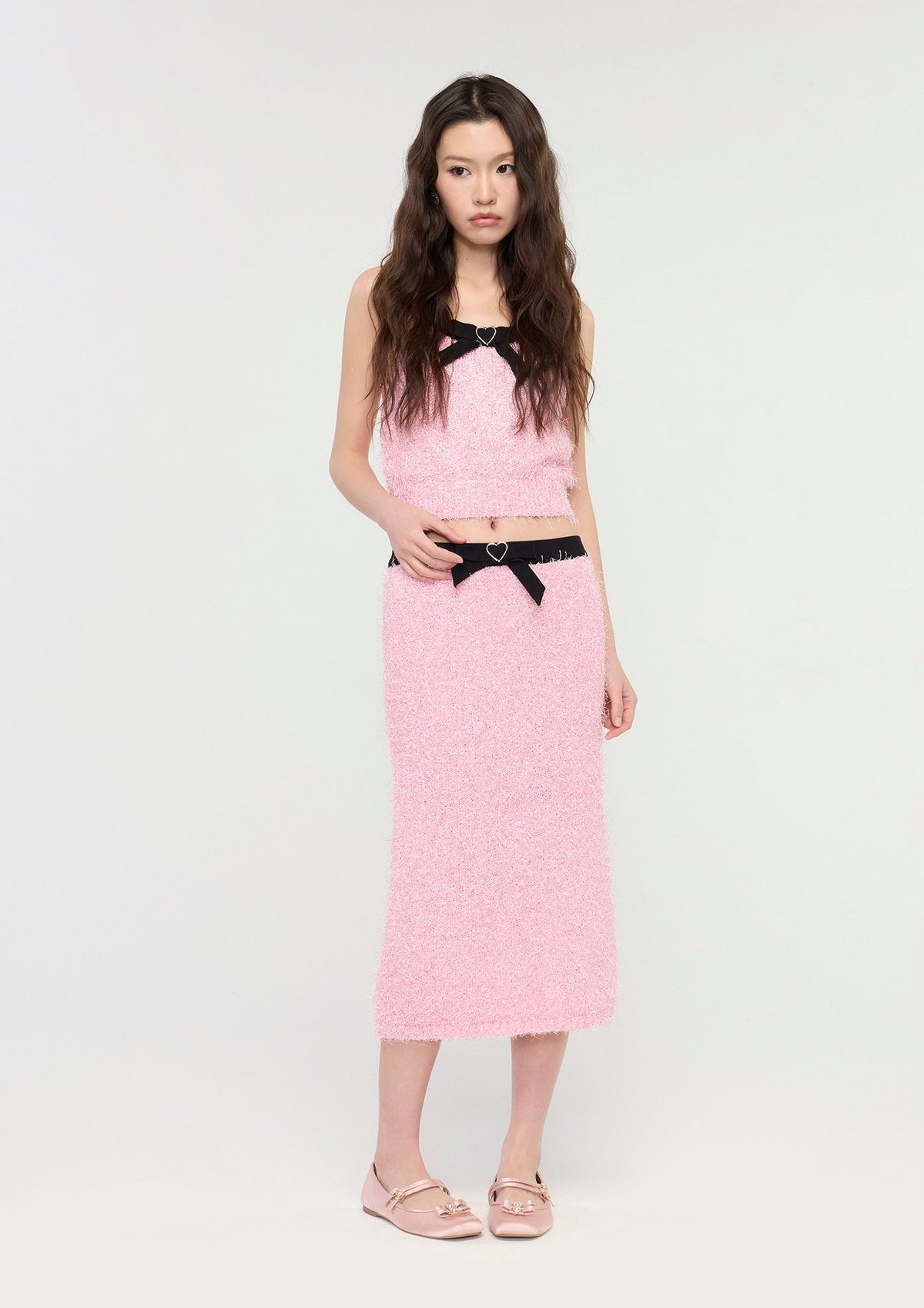 Contrast-Bow Textured Midi Skirt GLITZ N GROOVE
